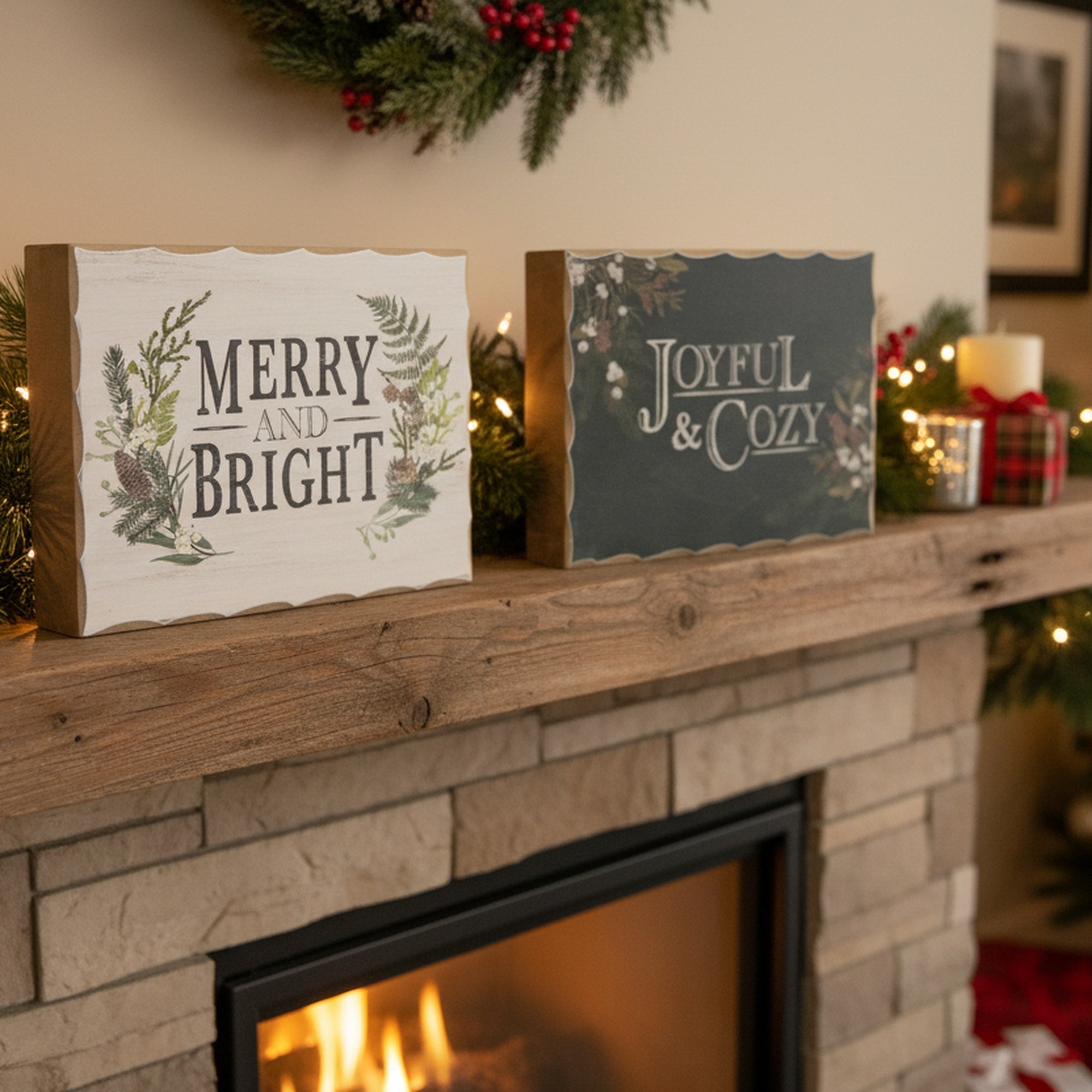 Wood Block Merry & Bright/Joyful & Cozy Assorted, Christmas, Tabletop Block, Holiday Decor- Set of 2