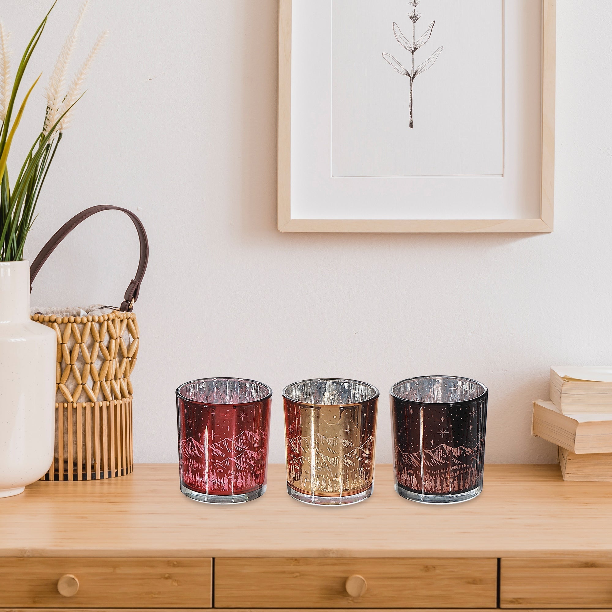 Glass Midnight Forest Tealight Candle Holders, Winter Candle Decor - Set Of 3