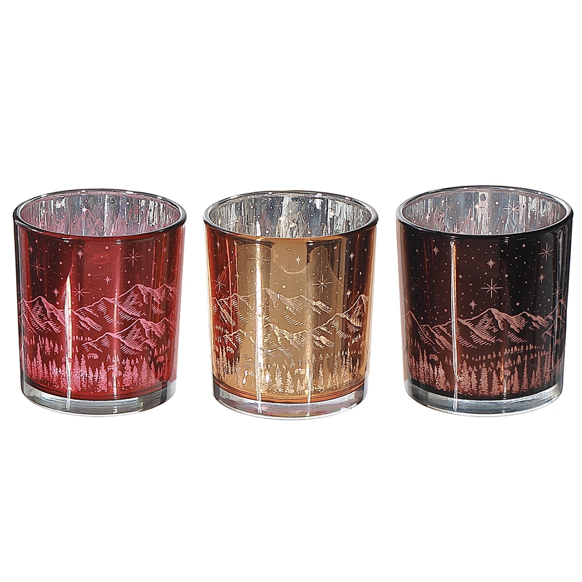 Glass Midnight Forest Tealight Candle Holders, Winter Candle Decor - Set Of 3