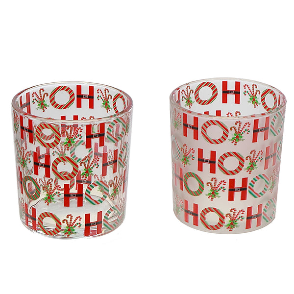 Glass Tealight Holders With Decal (Ho Ho Ho) (Asstd) - Set of 2