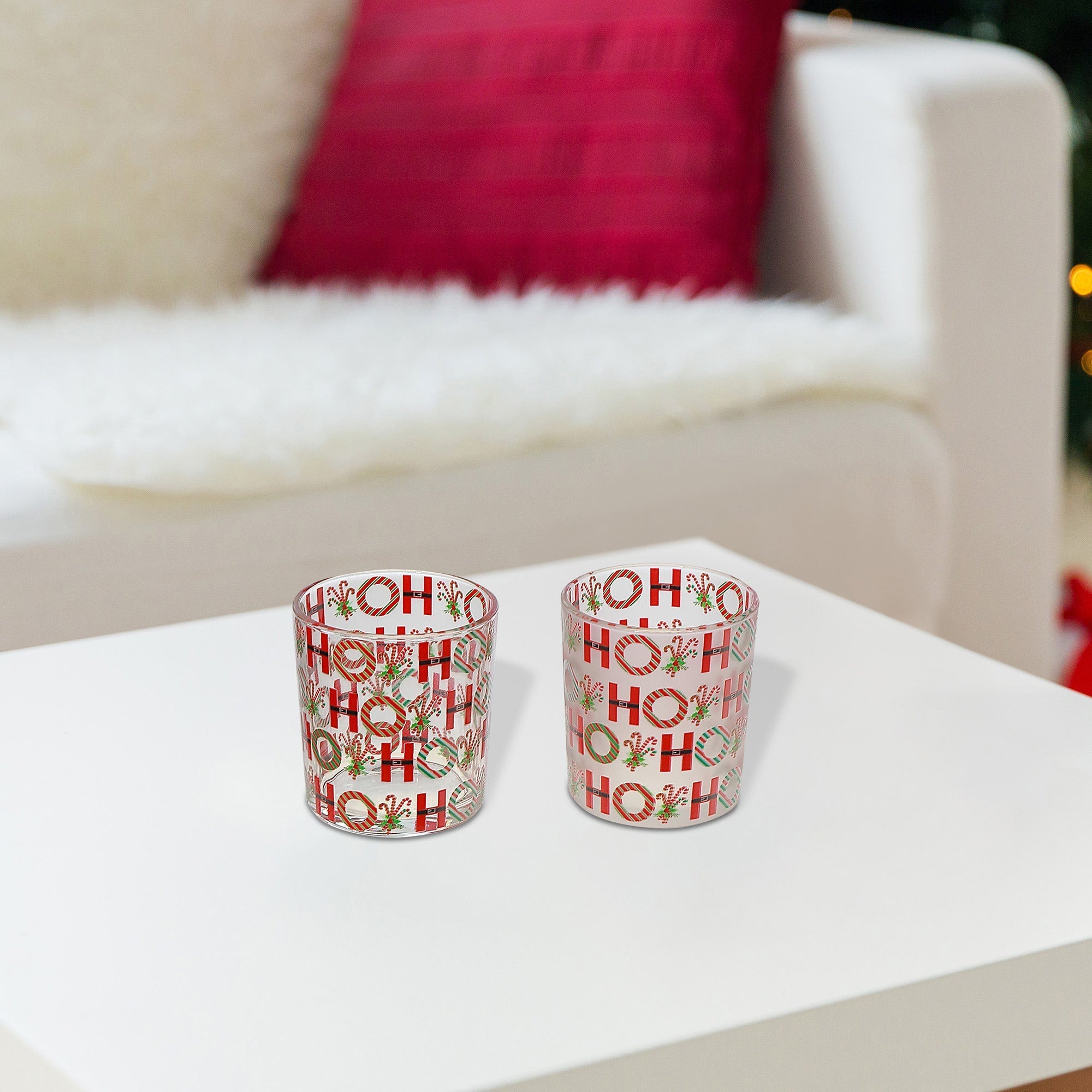 Glass Tealight Holders with Ho Ho Ho Decal Assorted - Set of 2, Christmas Candle Holder, Holiday Decor