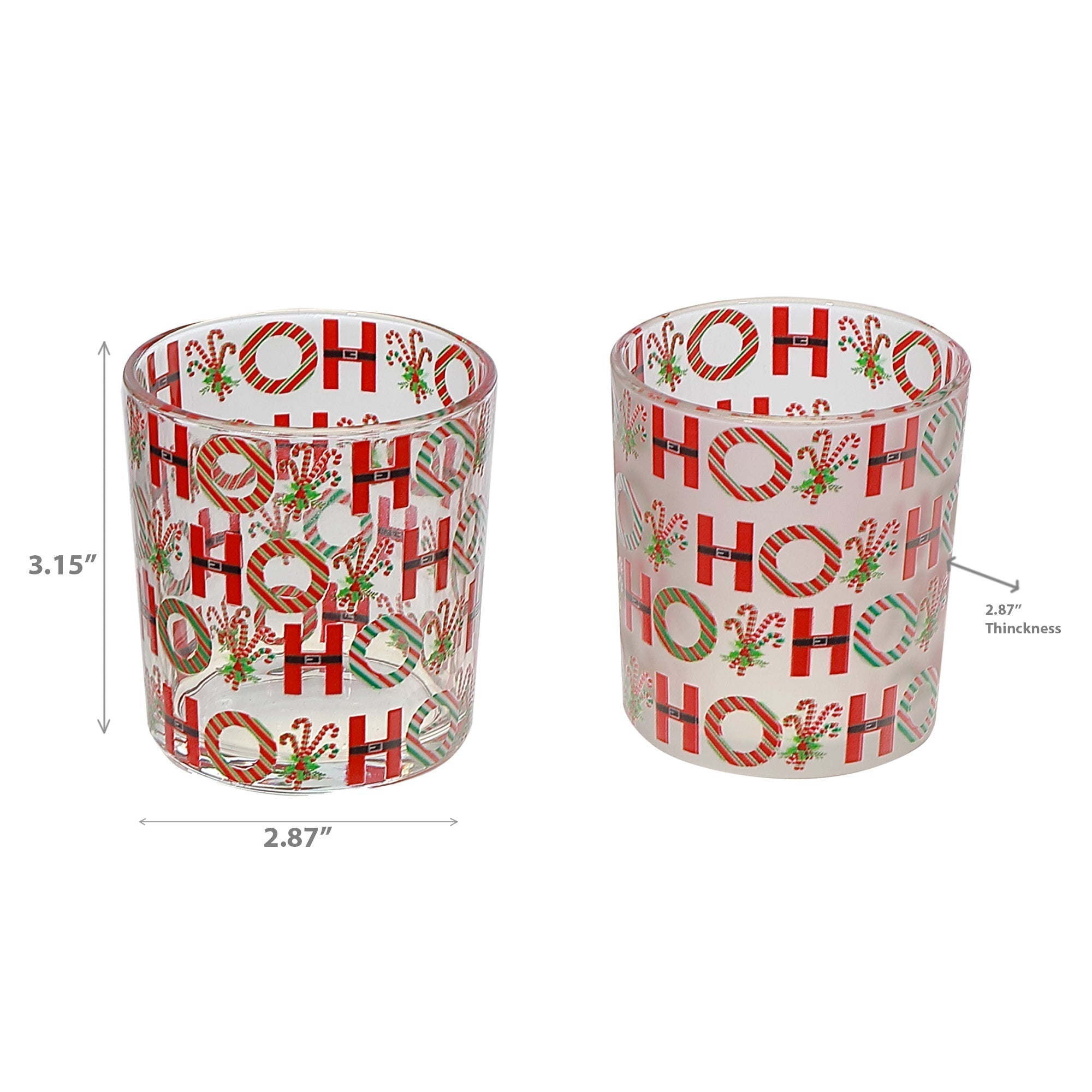 Glass Tealight Holders with Ho Ho Ho Decal Assorted - Set of 2, Christmas Candle Holder, Holiday Decor