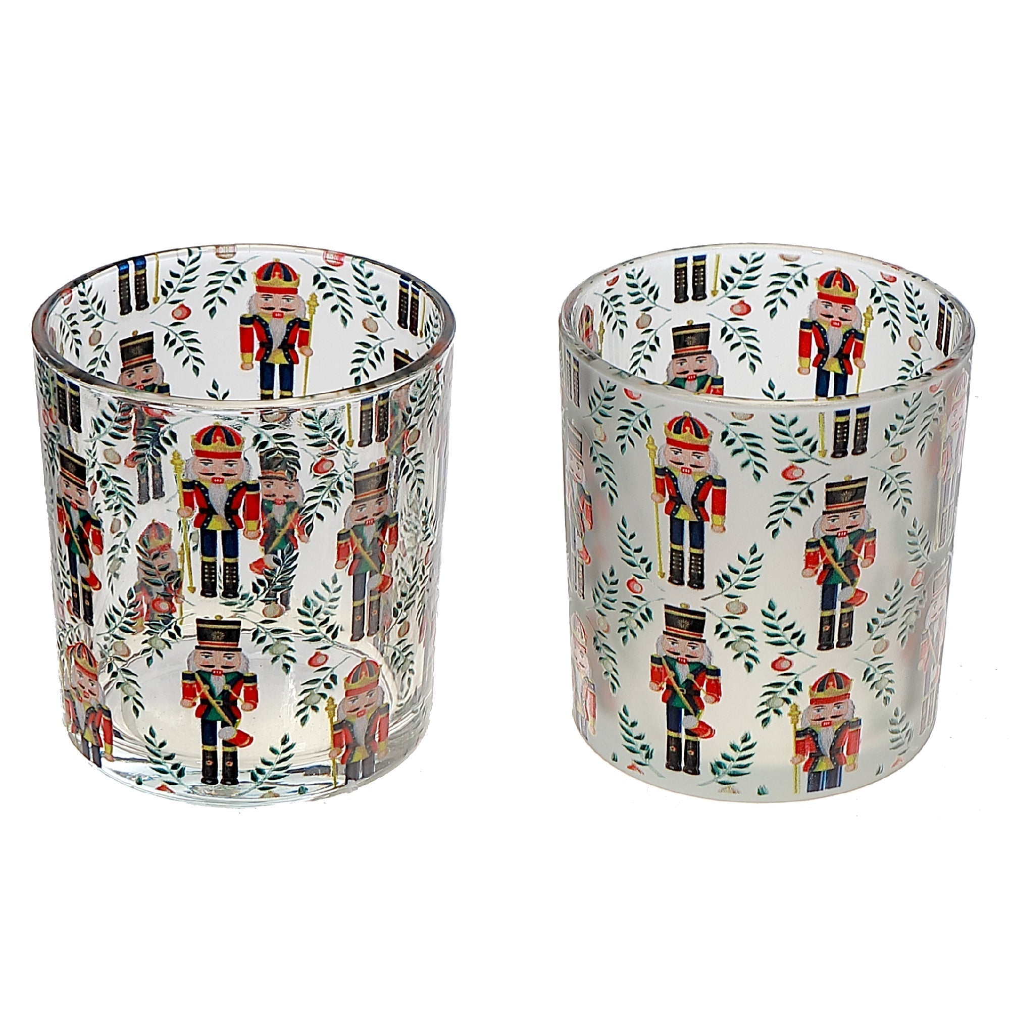 Glass Tealight Holders with Nutcracker Decal Assorted - Set of 2, Christmas Candle Decor, Holiday Table Accent