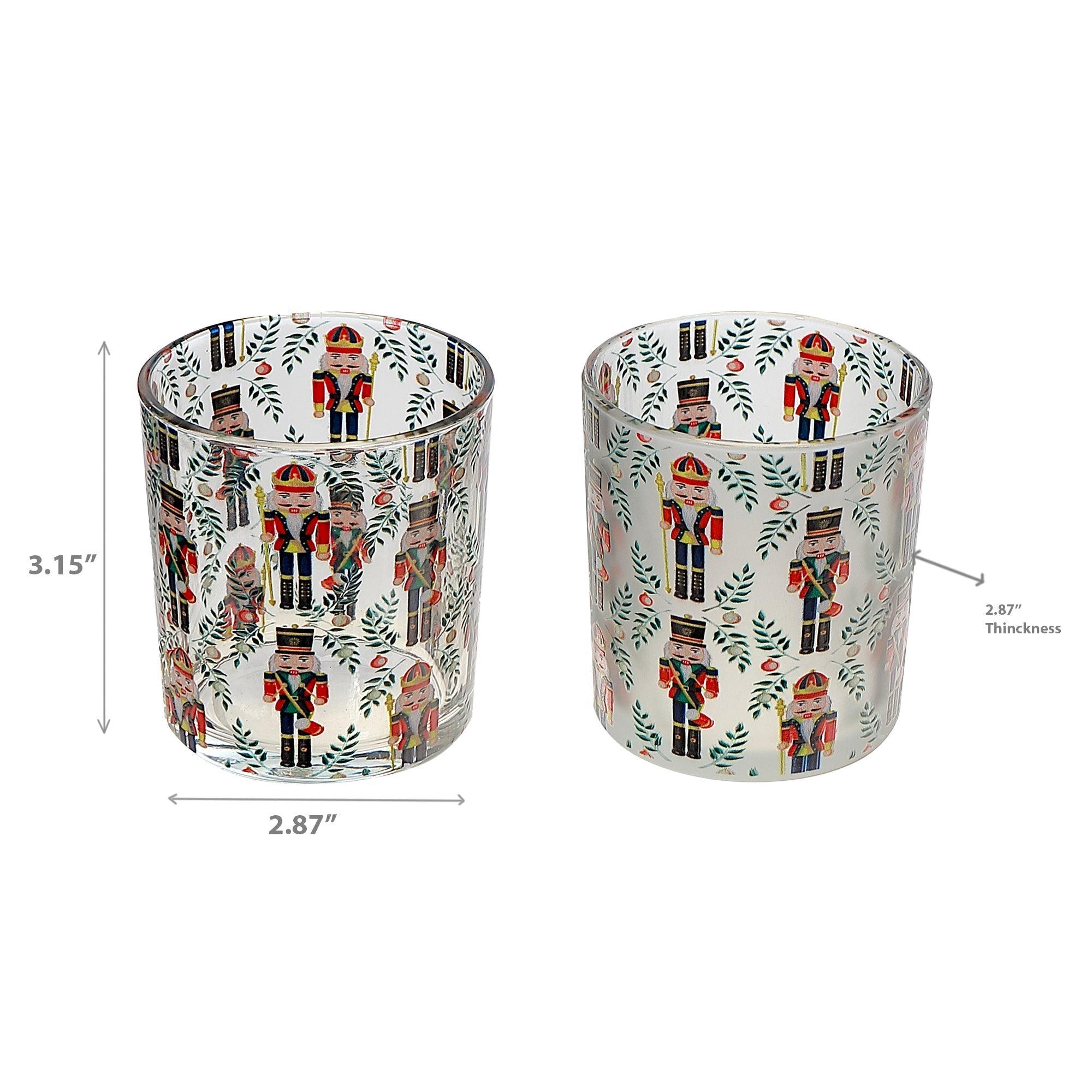 Glass Tealight Holders with Nutcracker Decal Assorted - Set of 2, Christmas Candle Decor, Holiday Table Accent