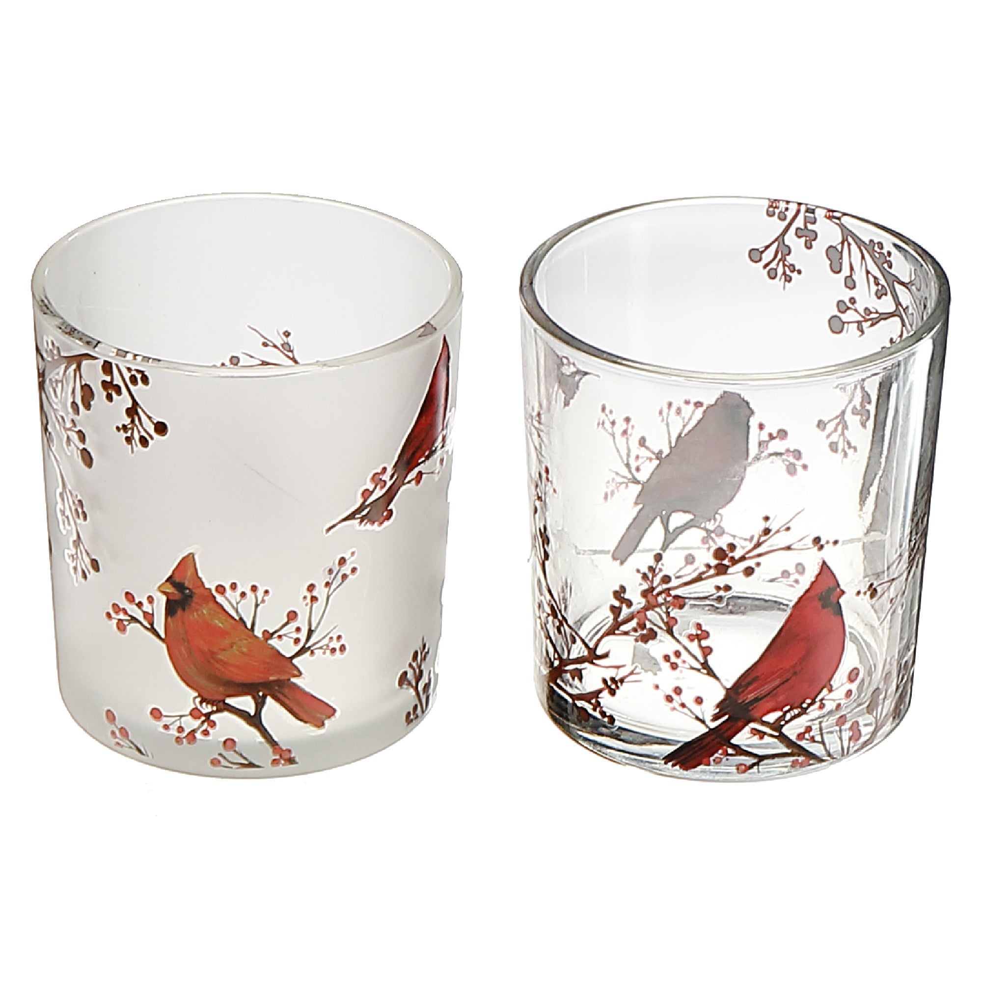 Glass Tealight Holders with Cardinal Decal Assorted - Set of 2, Christmas Candle Holder, Holiday Decor