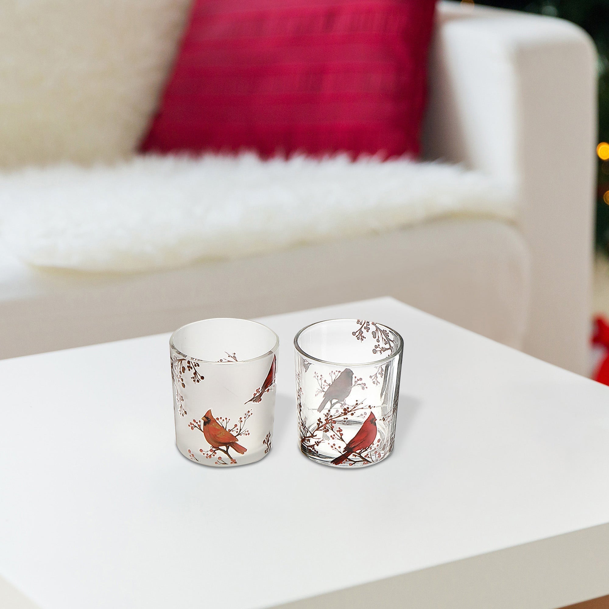 Glass Tealight Holders with Cardinal Decal Assorted - Set of 2, Christmas Candle Holder, Holiday Decor