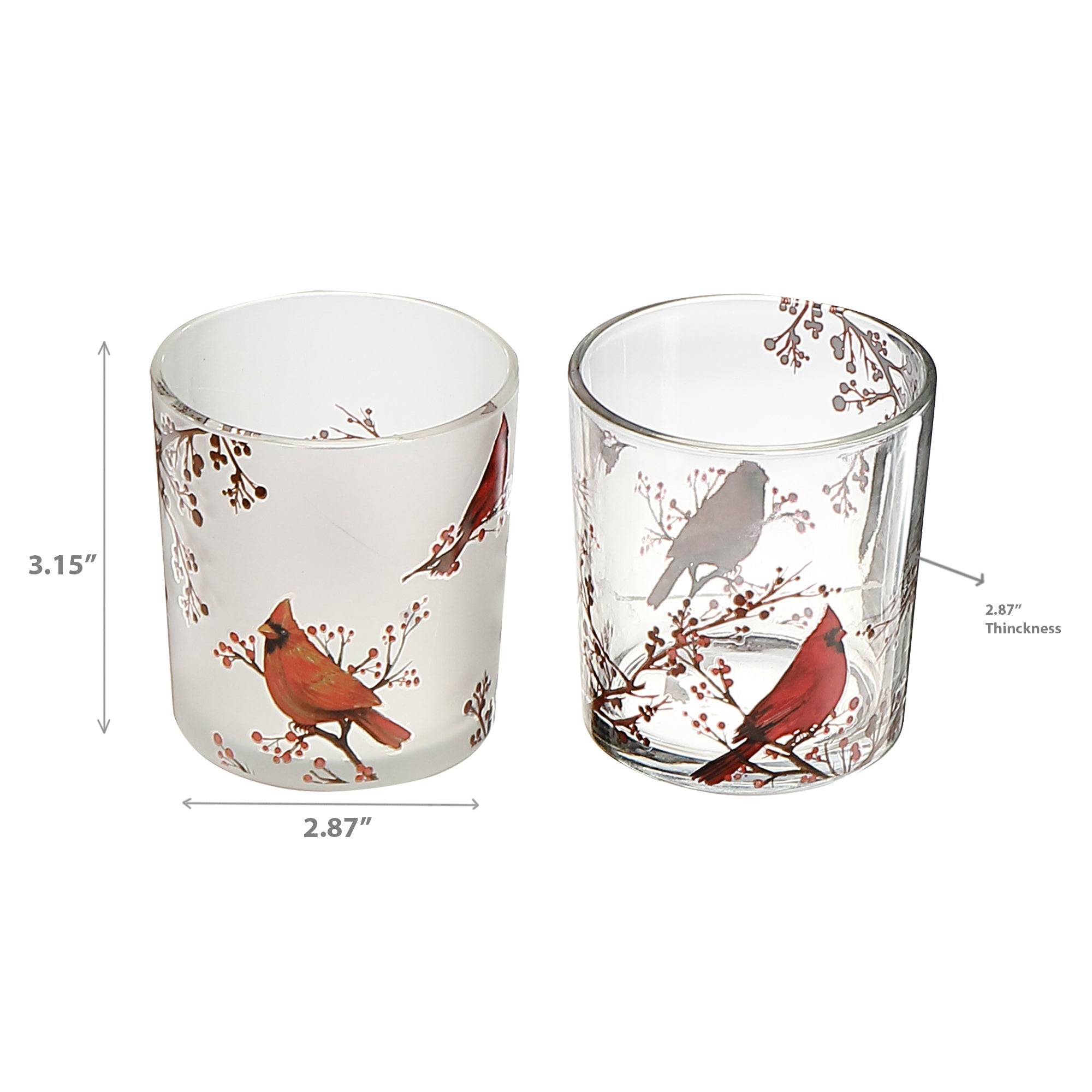 Glass Tealight Holders with Cardinal Decal Assorted - Set of 2, Christmas Candle Holder, Holiday Decor