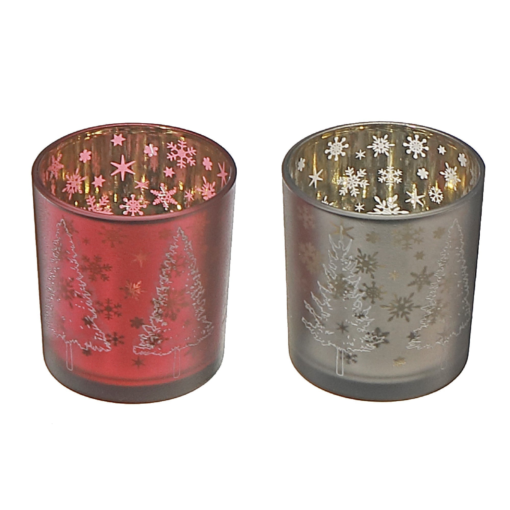 Glass Tealight Holders with Winter Forest Design Assorted - Set of 2, Christmas Candle Decor, Holiday Table Accent