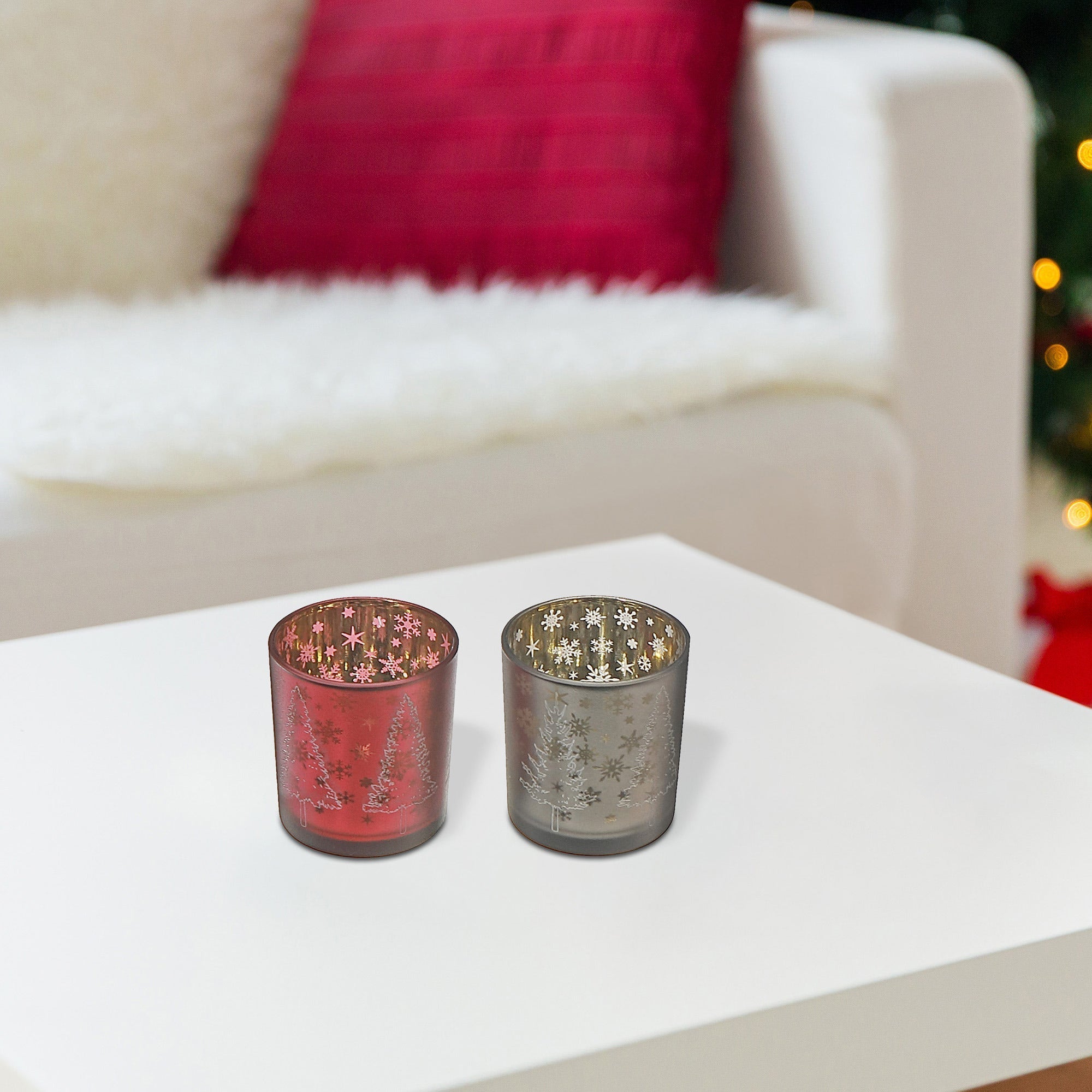 Glass Tealight Holders with Winter Forest Design Assorted - Set of 2, Christmas Candle Decor, Holiday Table Accent