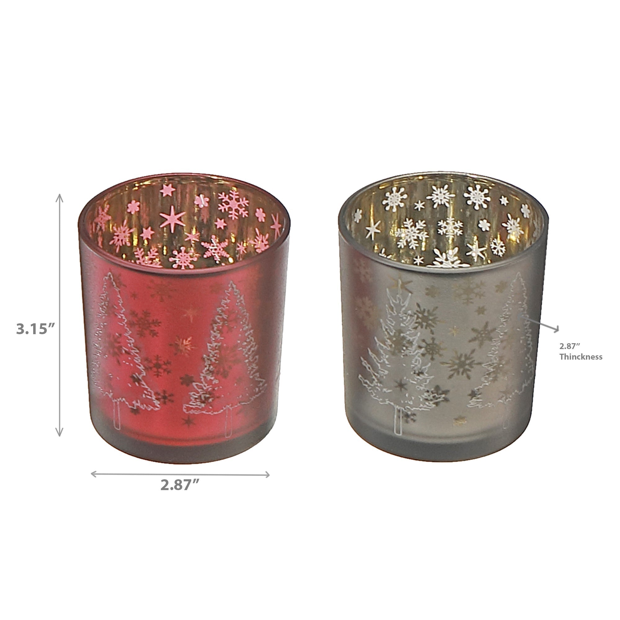 Glass Tealight Holders with Winter Forest Design Assorted - Set of 2, Christmas Candle Decor, Holiday Table Accent