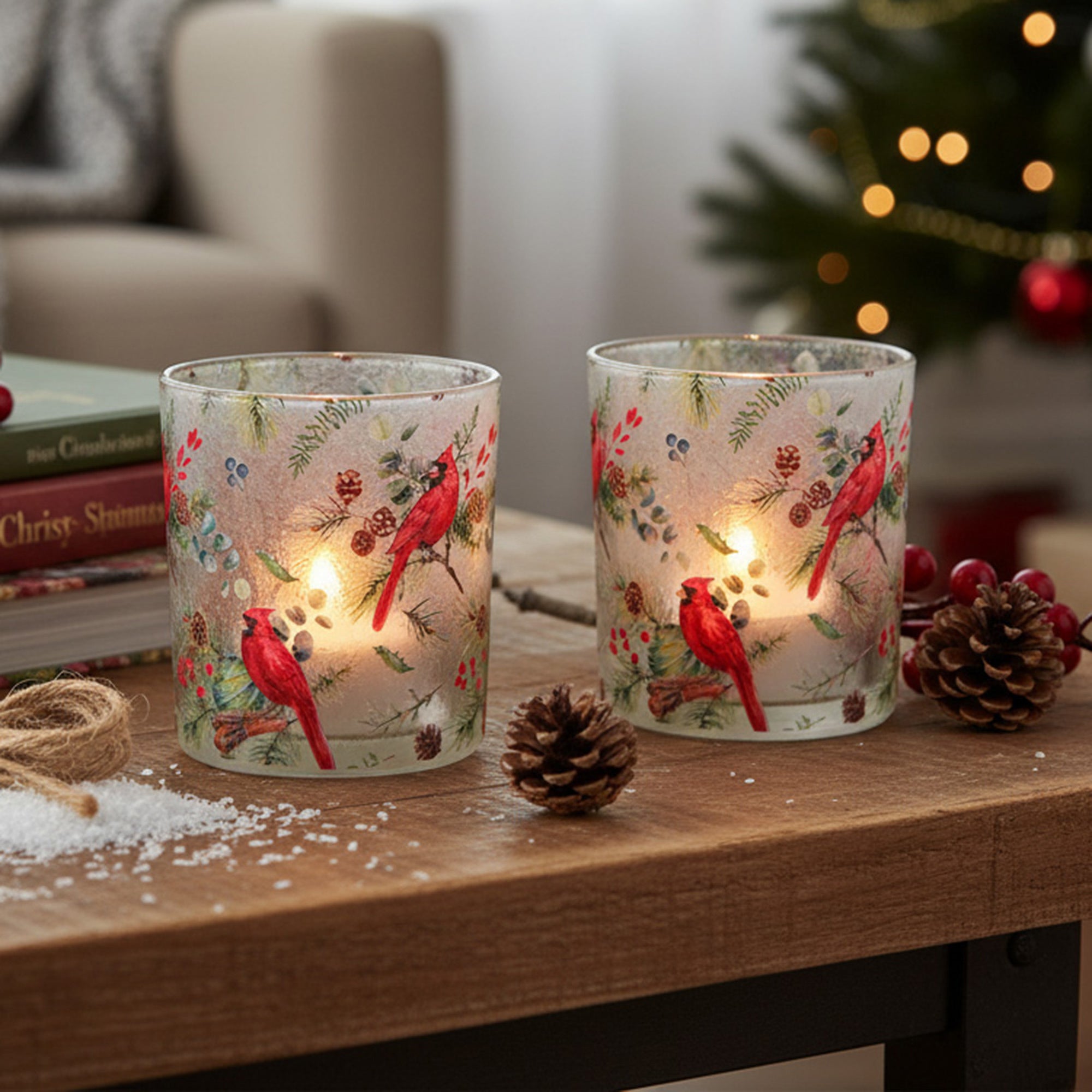 Glass Tealight Holder Cardinals on Pine Assorted, Candle Holder, Holiday Decor- Set of 4