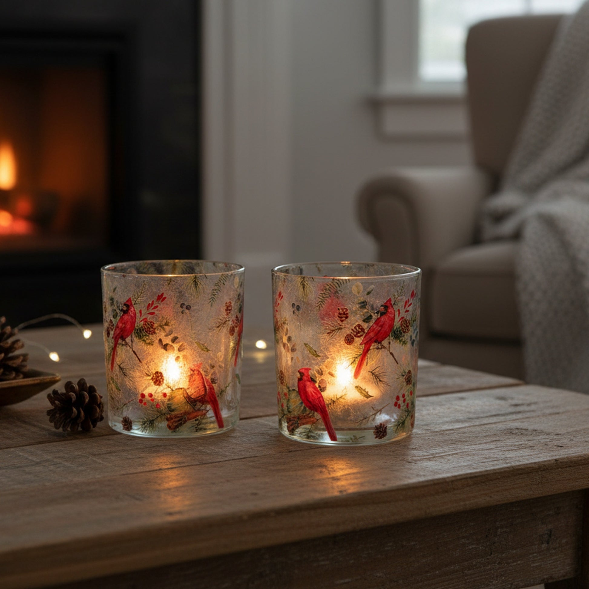 Glass Tealight Holder Cardinals on Pine Assorted, Candle Holder, Holiday Decor- Set of 4