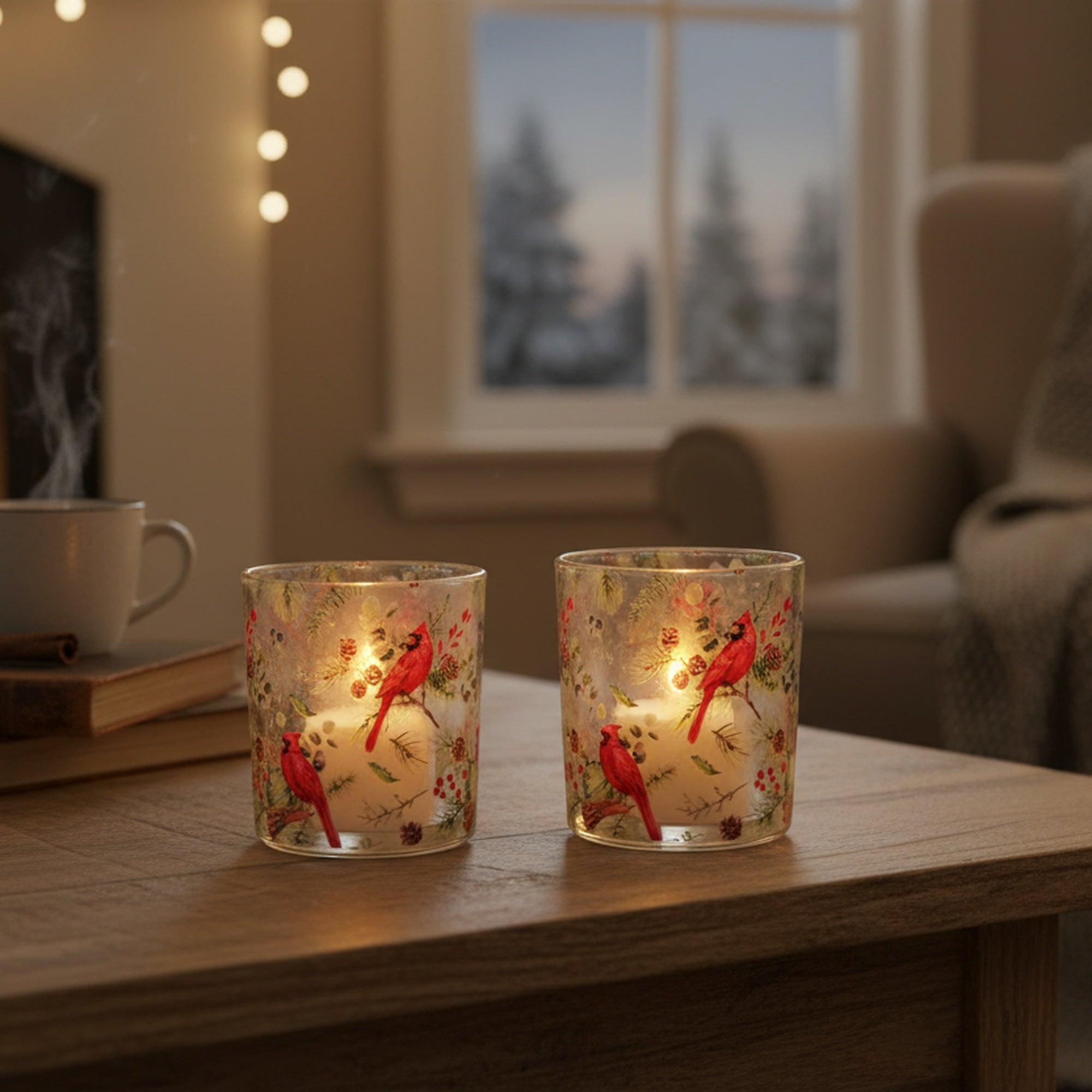 Glass Tealight Holder Cardinals on Pine Assorted, Candle Holder, Holiday Decor- Set of 4