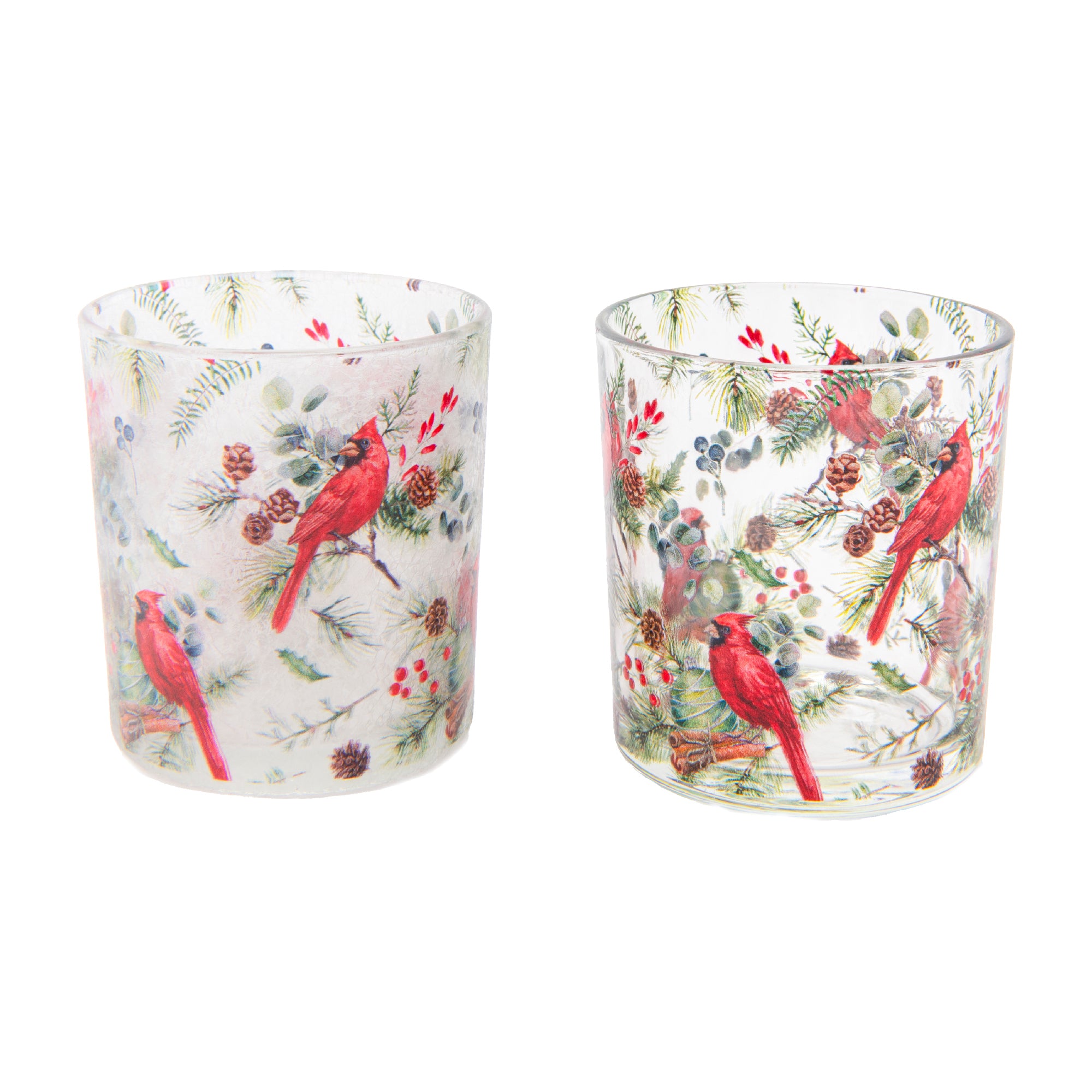 Glass Tealight Holder Cardinals on Pine Assorted, Candle Holder, Holiday Decor- Set of 4