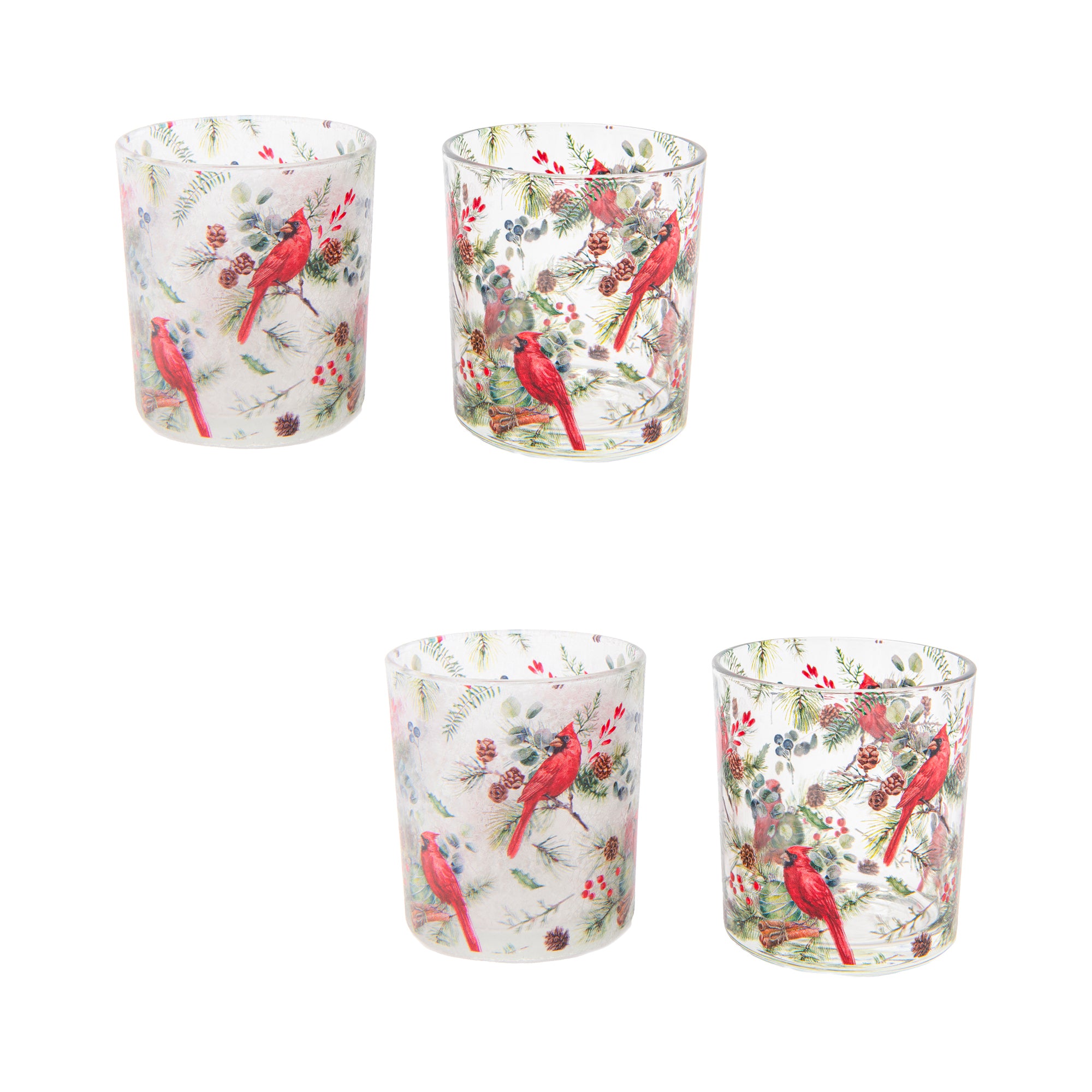 Glass Tealight Holder Cardinals on Pine Assorted, Candle Holder, Holiday Decor- Set of 4