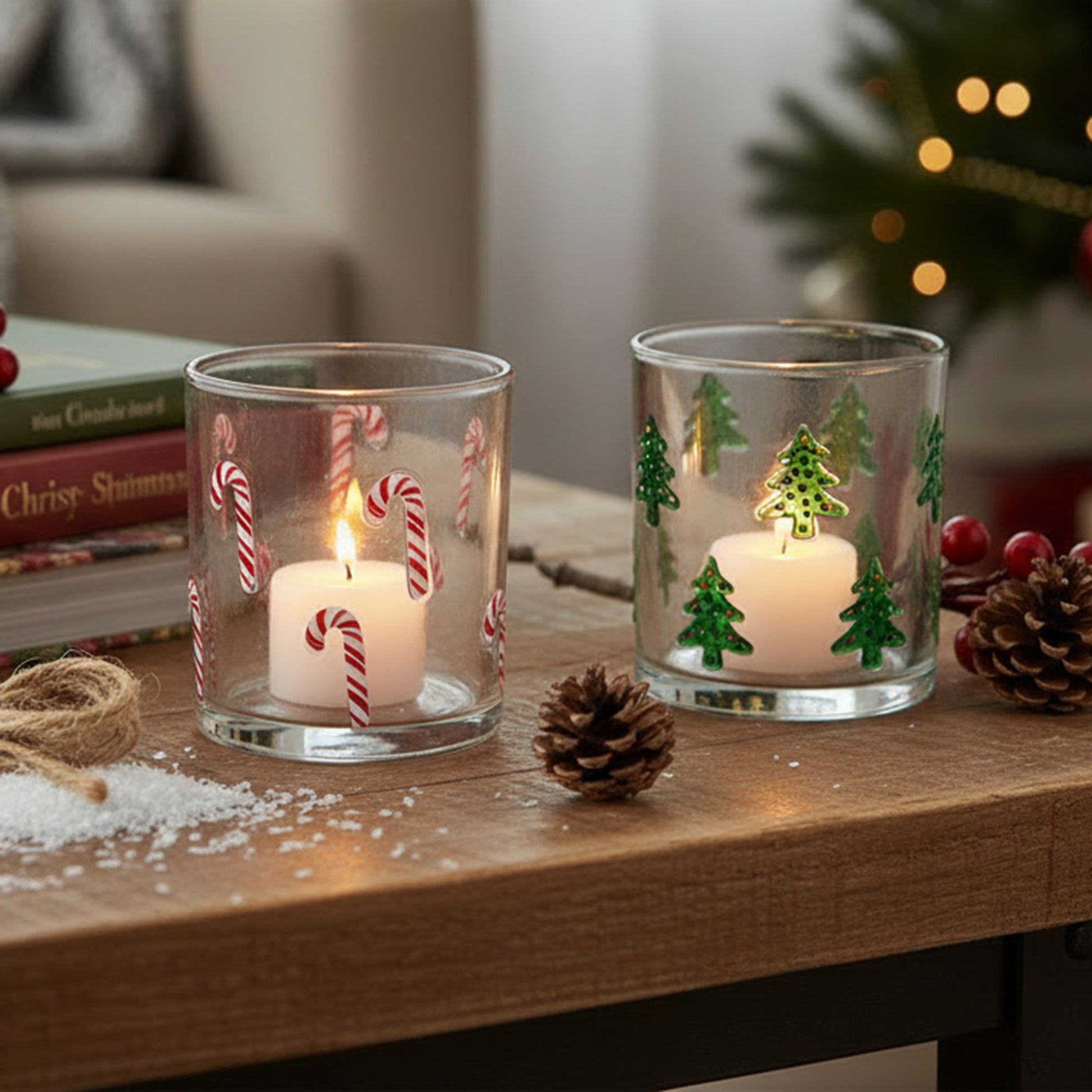 Glass Tealight Holder Tree, Candy, Stocking, Snowman Assorted, Christmas, Candle Holder, Holiday Decor- Set of 4