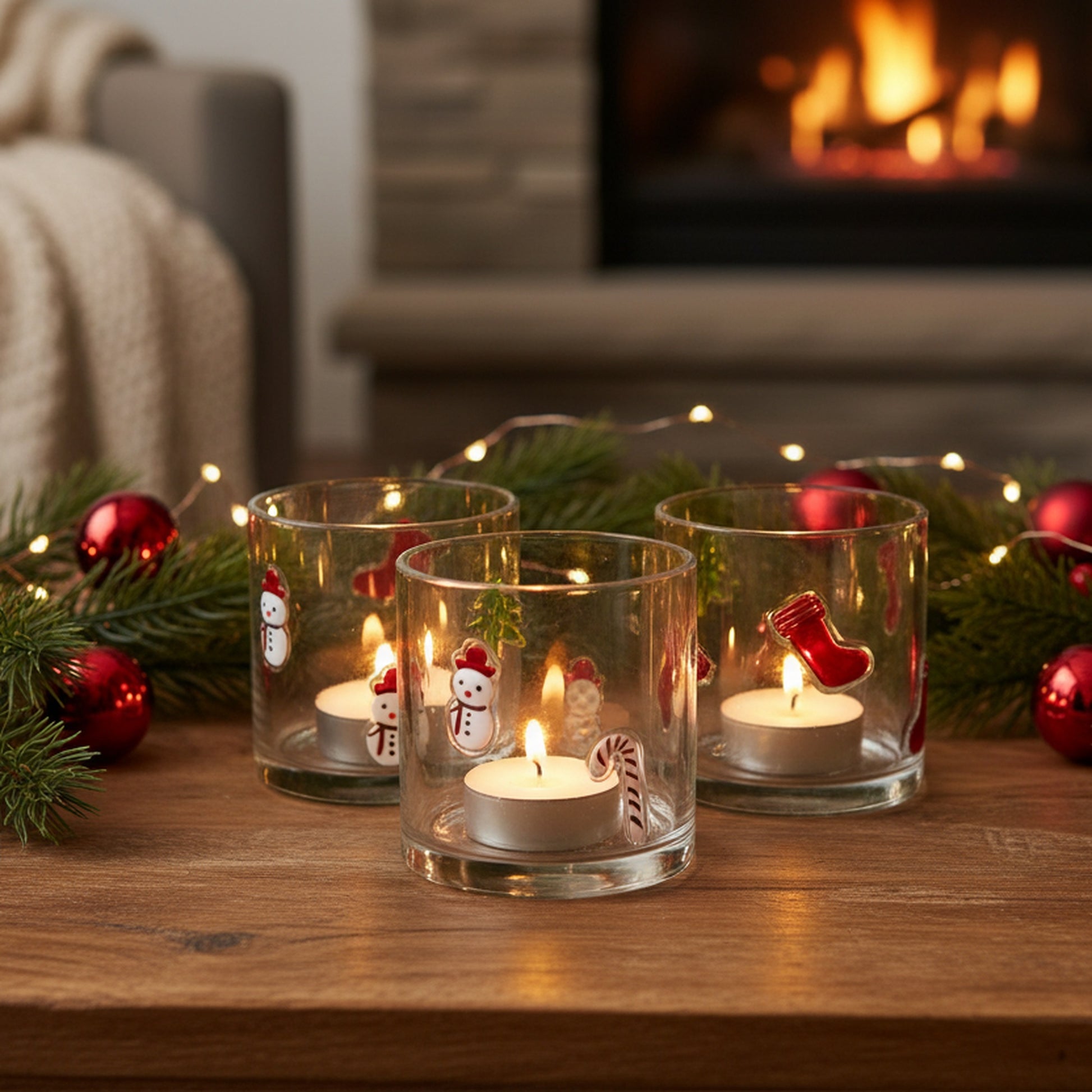 Glass Tealight Holder Tree, Candy, Stocking, Snowman Assorted, Christmas, Candle Holder, Holiday Decor- Set of 4