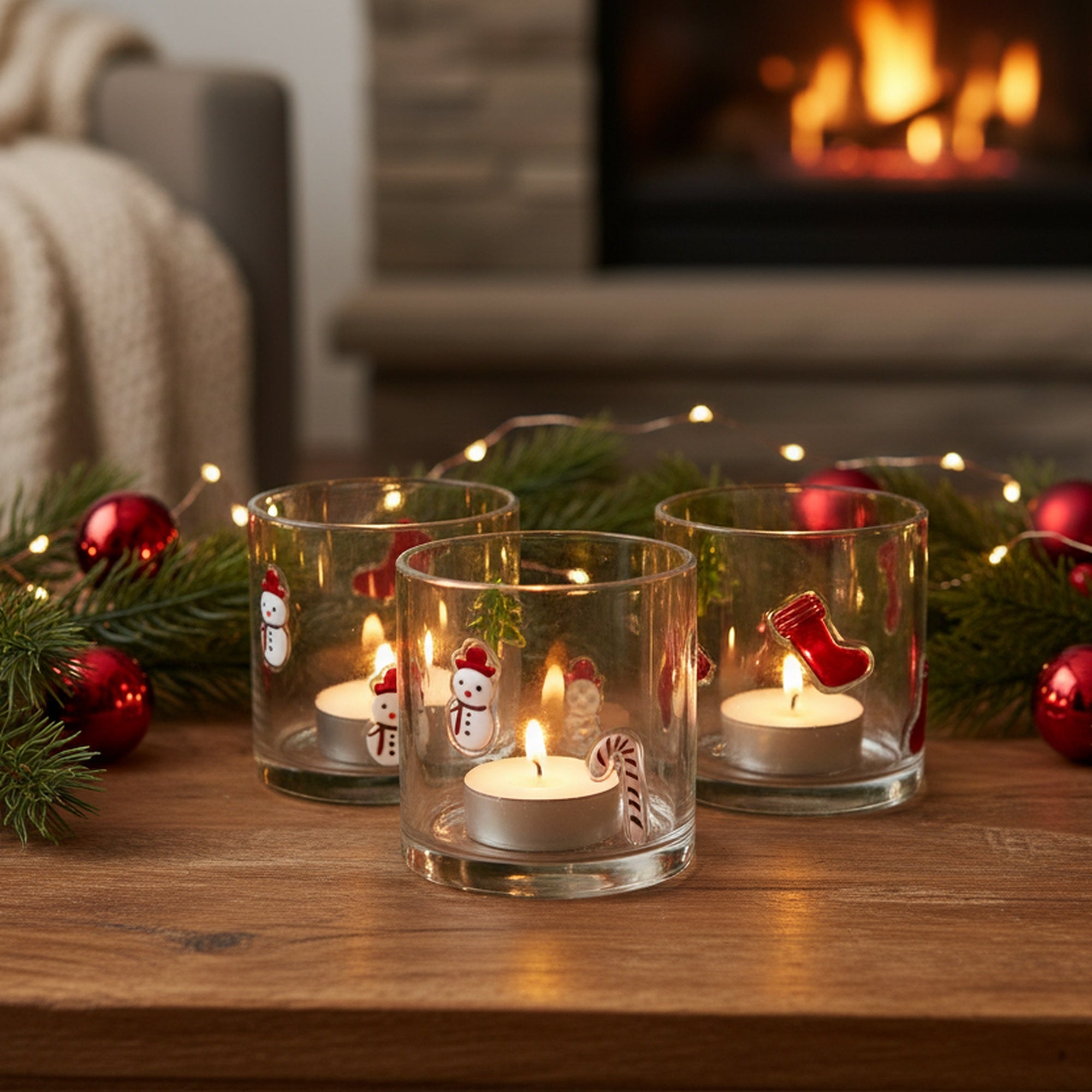 Glass Tealight Holder Tree, Candy, Stocking, Snowman Assorted, Christmas, Candle Holder, Holiday Decor- Set of 4