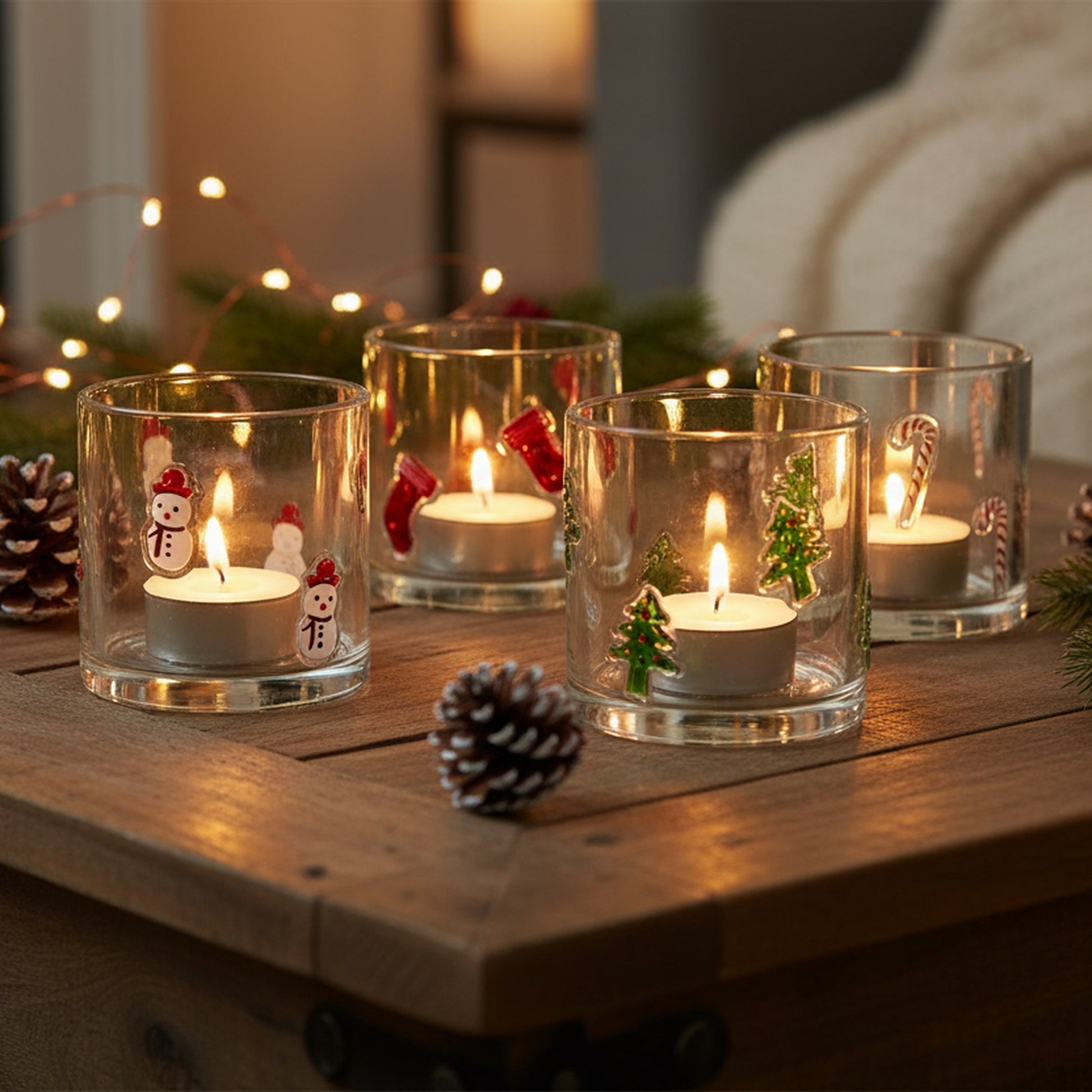 Glass Tealight Holder Tree, Candy, Stocking, Snowman Assorted, Christmas, Candle Holder, Holiday Decor- Set of 4