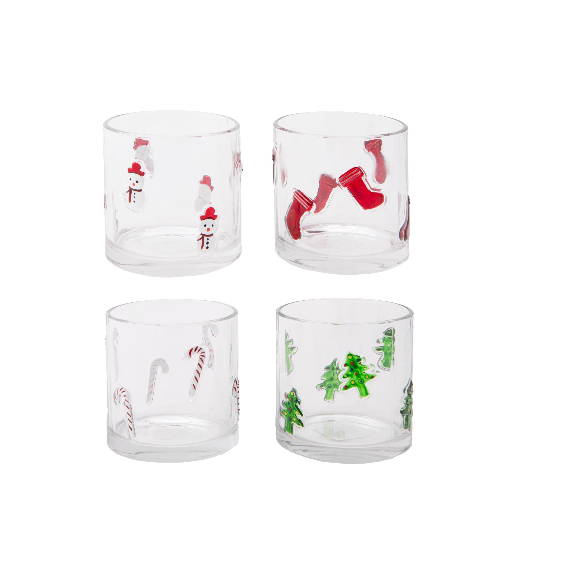 Glass Tealight Holder Tree, Candy, Stocking, Snowman Assorted, Christmas, Candle Holder, Holiday Decor- Set of 4