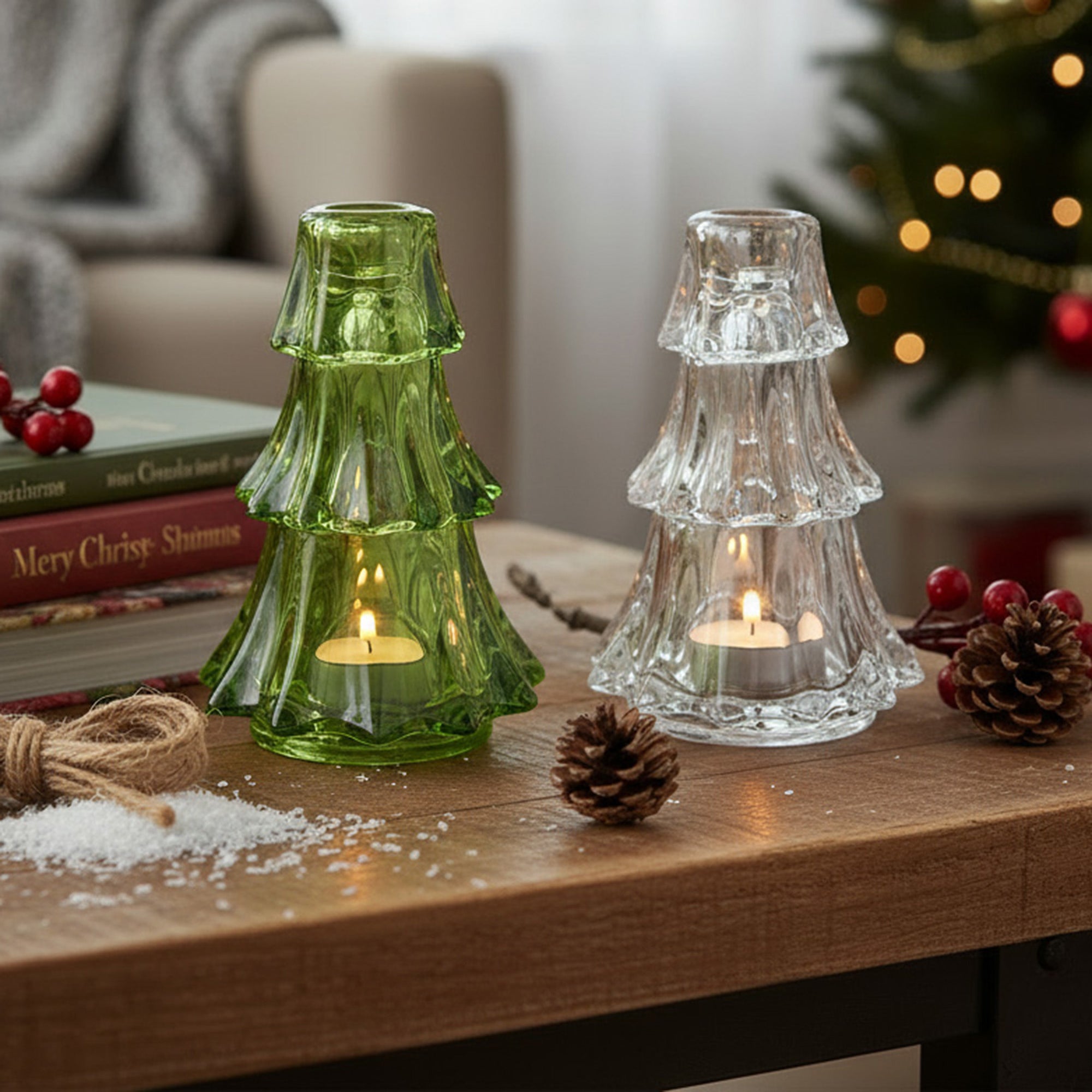 6" Tree Glass Candle Holder Assorted, Candle Holder, Holiday Decor- Set of 2