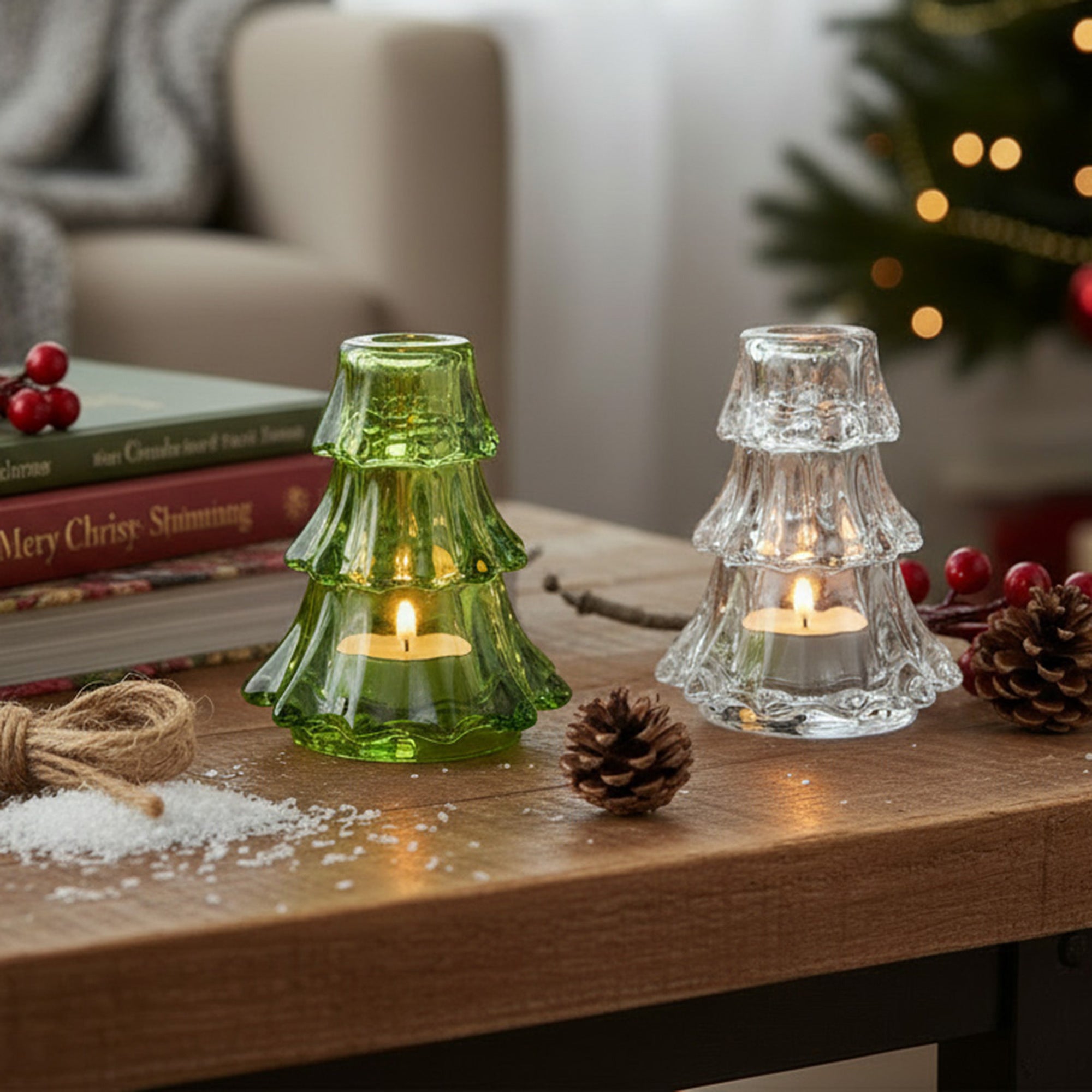 4.5" Tree Glass Candle Holder Assorted, Candle Holder, Holiday Decor- Set of 2