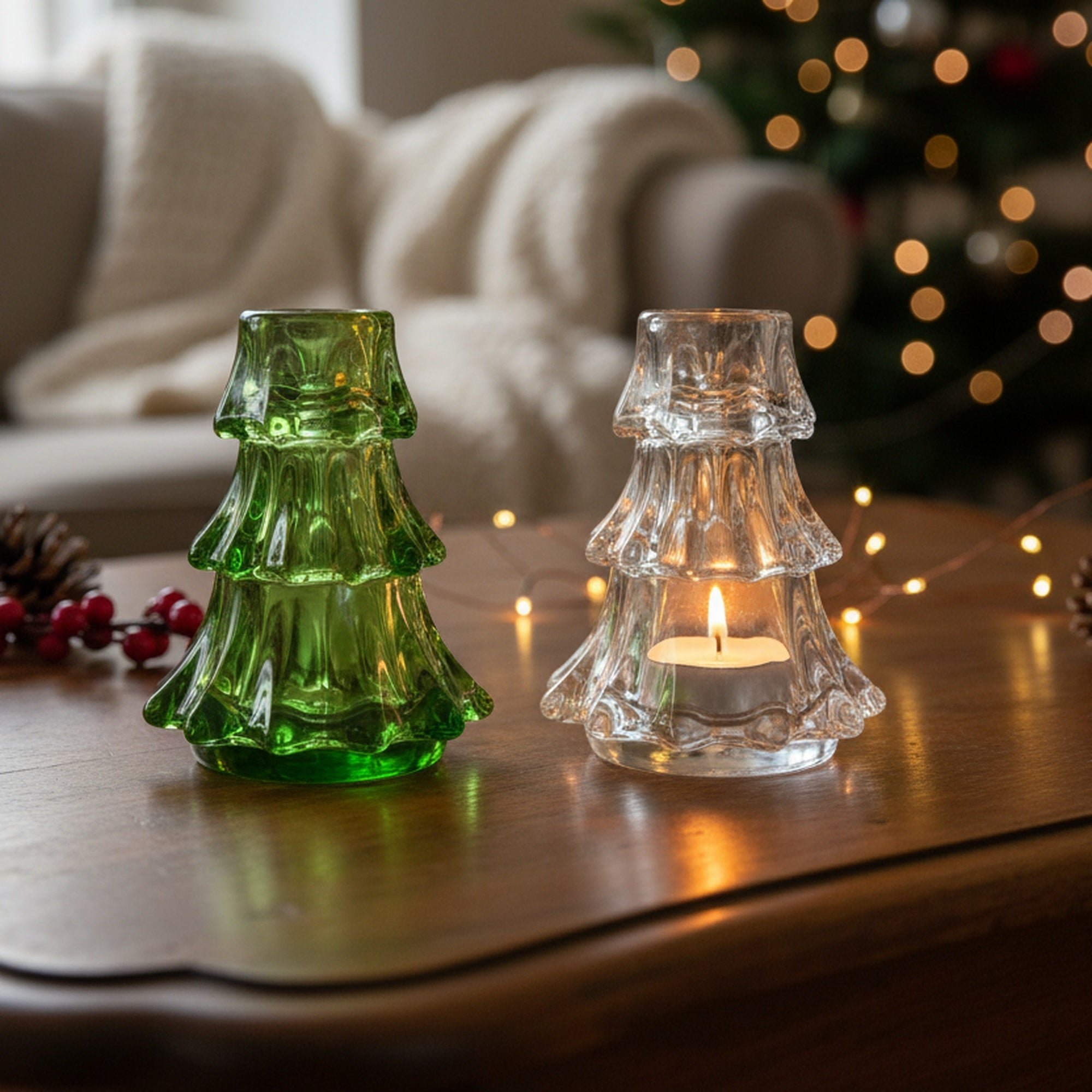 4.5" Tree Glass Candle Holder Assorted, Candle Holder, Holiday Decor- Set of 2