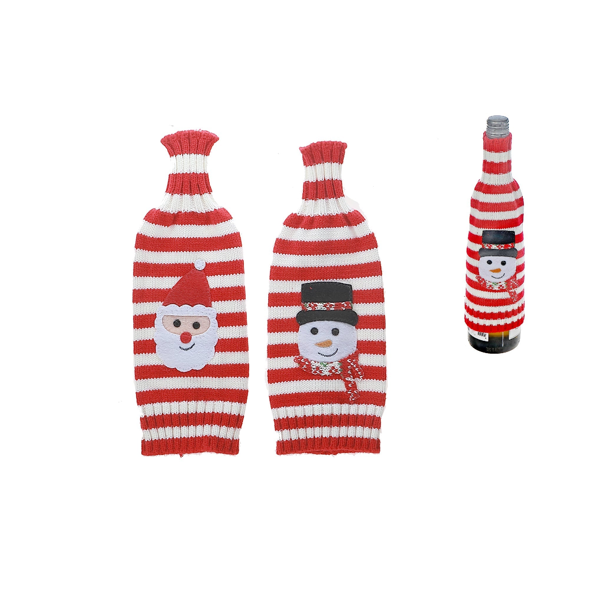 Knitted Fabric Wine Bottle Cover Set of 2 Snowman/Santa Stripe – Christmas Wine Gift, Holiday Party Decor, Festive Table Accent