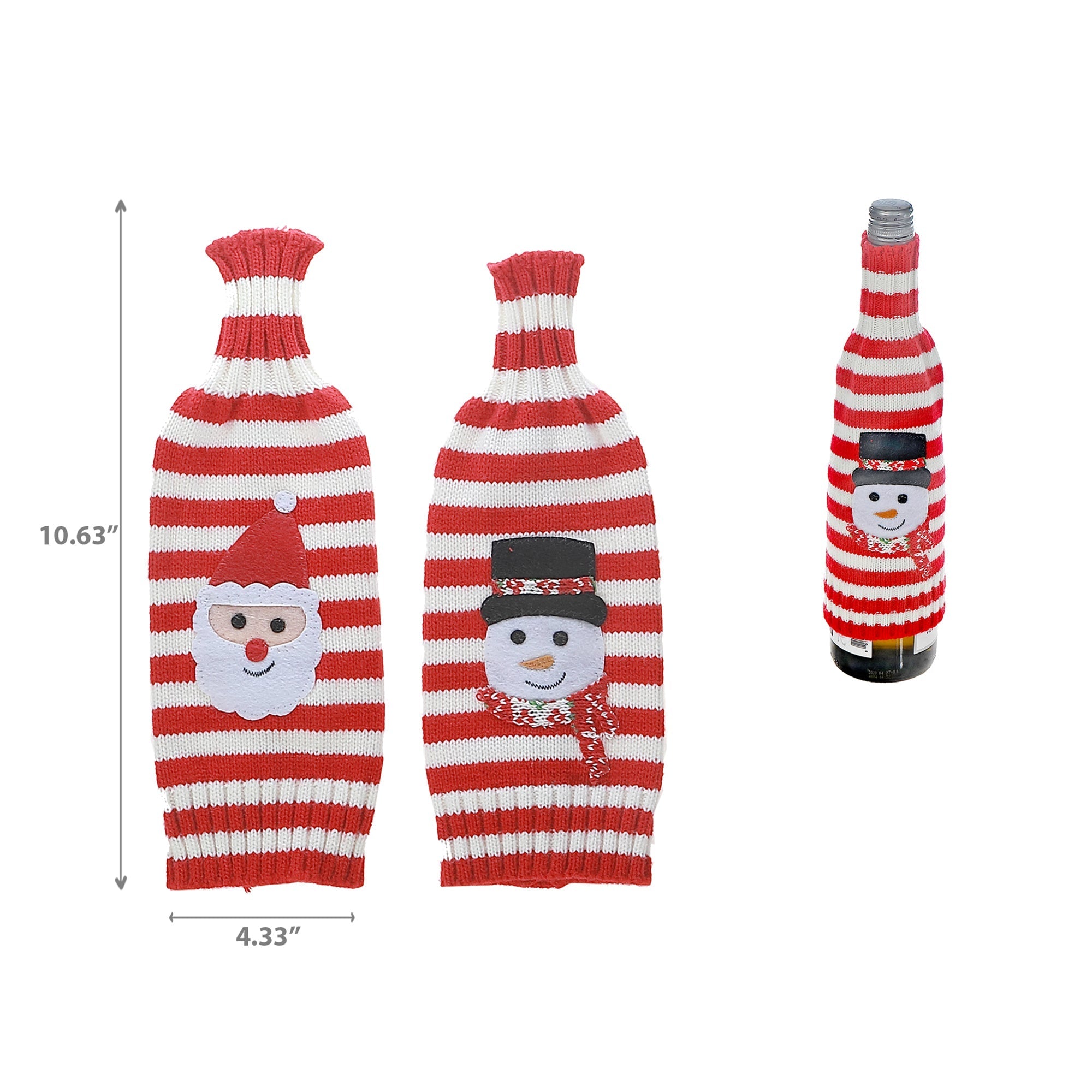 Knitted Fabric Wine Bottle Cover Set of 2 Snowman/Santa Stripe – Christmas Wine Gift, Holiday Party Decor, Festive Table Accent