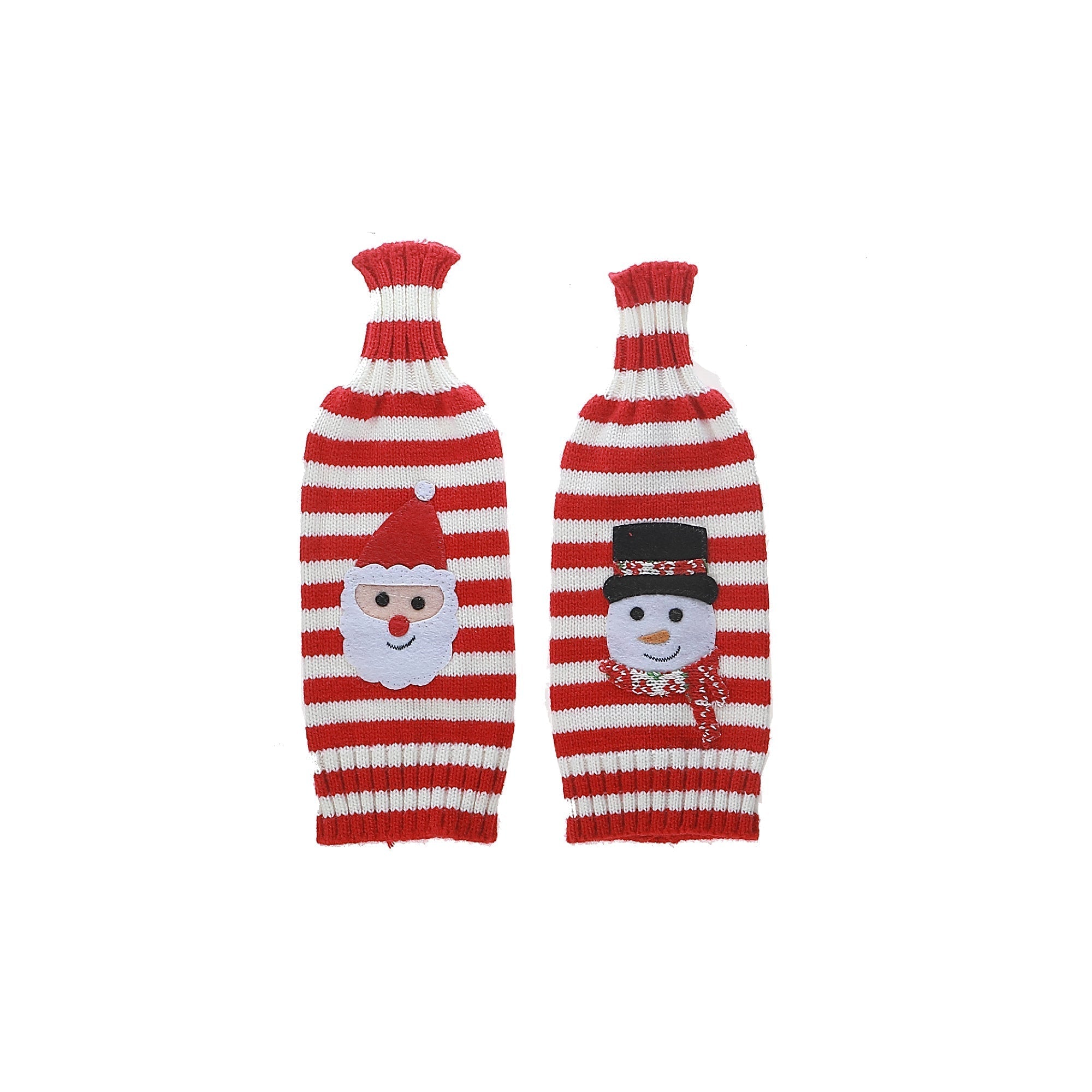 Knitted Fabric Wine Bottle Cover Set of 2 Snowman/Santa Stripe – Christmas Wine Gift, Holiday Party Decor, Festive Table Accent