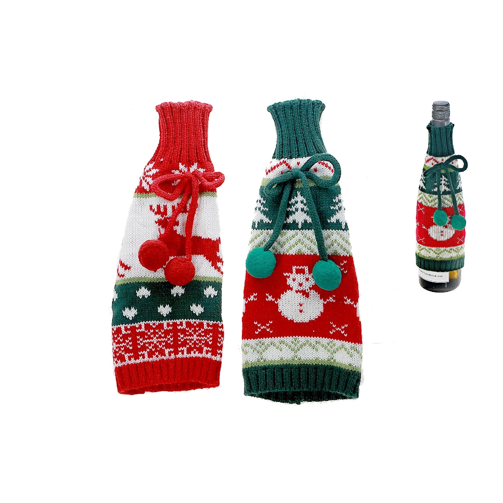 Knitted Fabric Wine Bottle Cover Set of 2 Pompoms – Christmas Wine Gift, Holiday Party Decor, Festive Table Accent