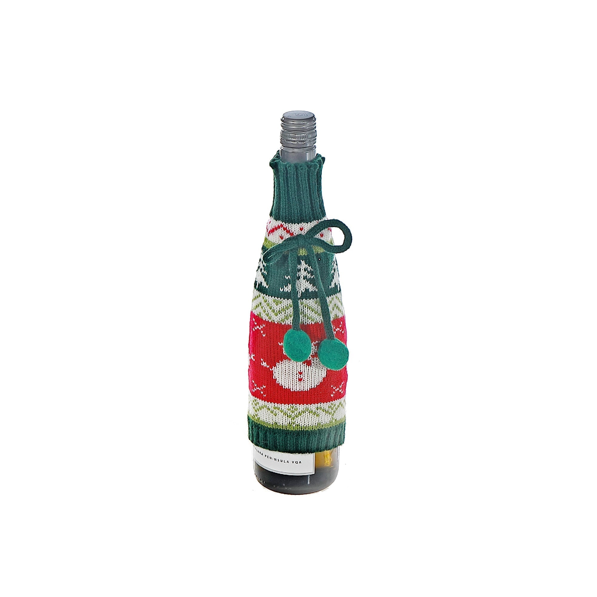 Knitted Fabric Wine Bottle Cover Set of 2 Pompoms – Christmas Wine Gift, Holiday Party Decor, Festive Table Accent