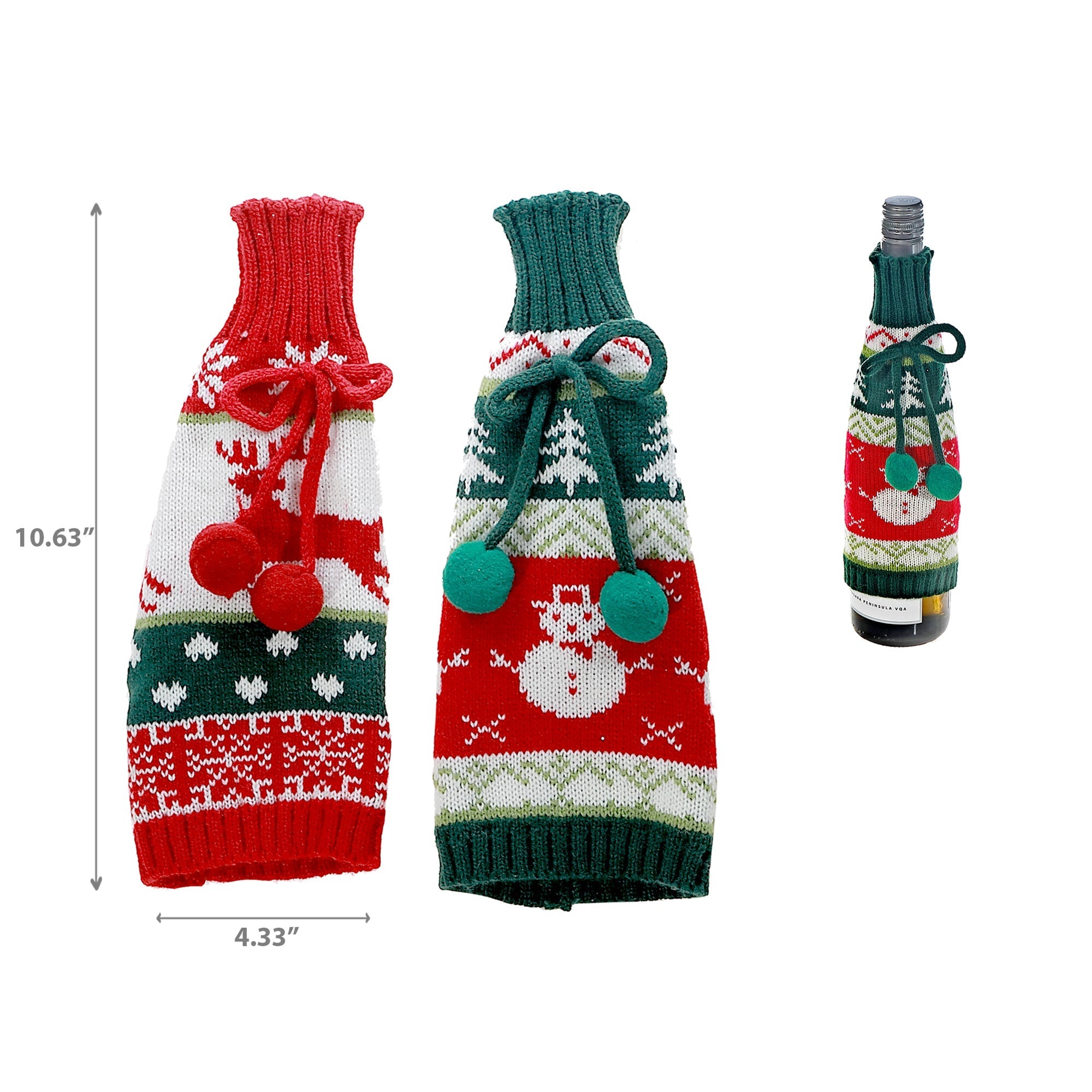 Knitted Fabric Wine Bottle Cover Set of 2 Pompoms – Christmas Wine Gift, Holiday Party Decor, Festive Table Accent