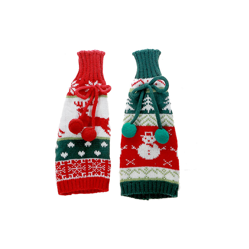 Knitted Fabric Wine Bottle Cover (Pompoms) (Asstd) - Set of 2