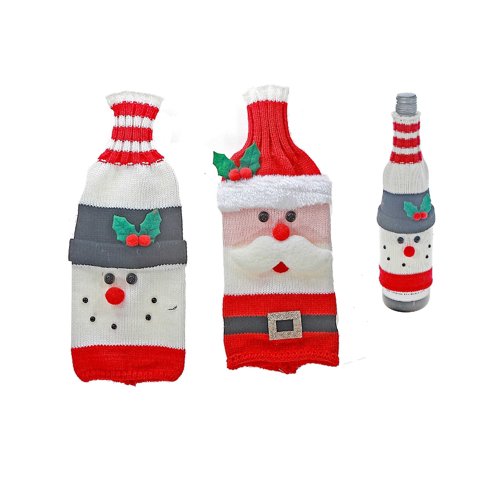 Knitted Fabric Wine Bottle Cover Set of 2 Holiday Figures – Christmas Wine Gift, Holiday Party Decor, Festive Table Accent