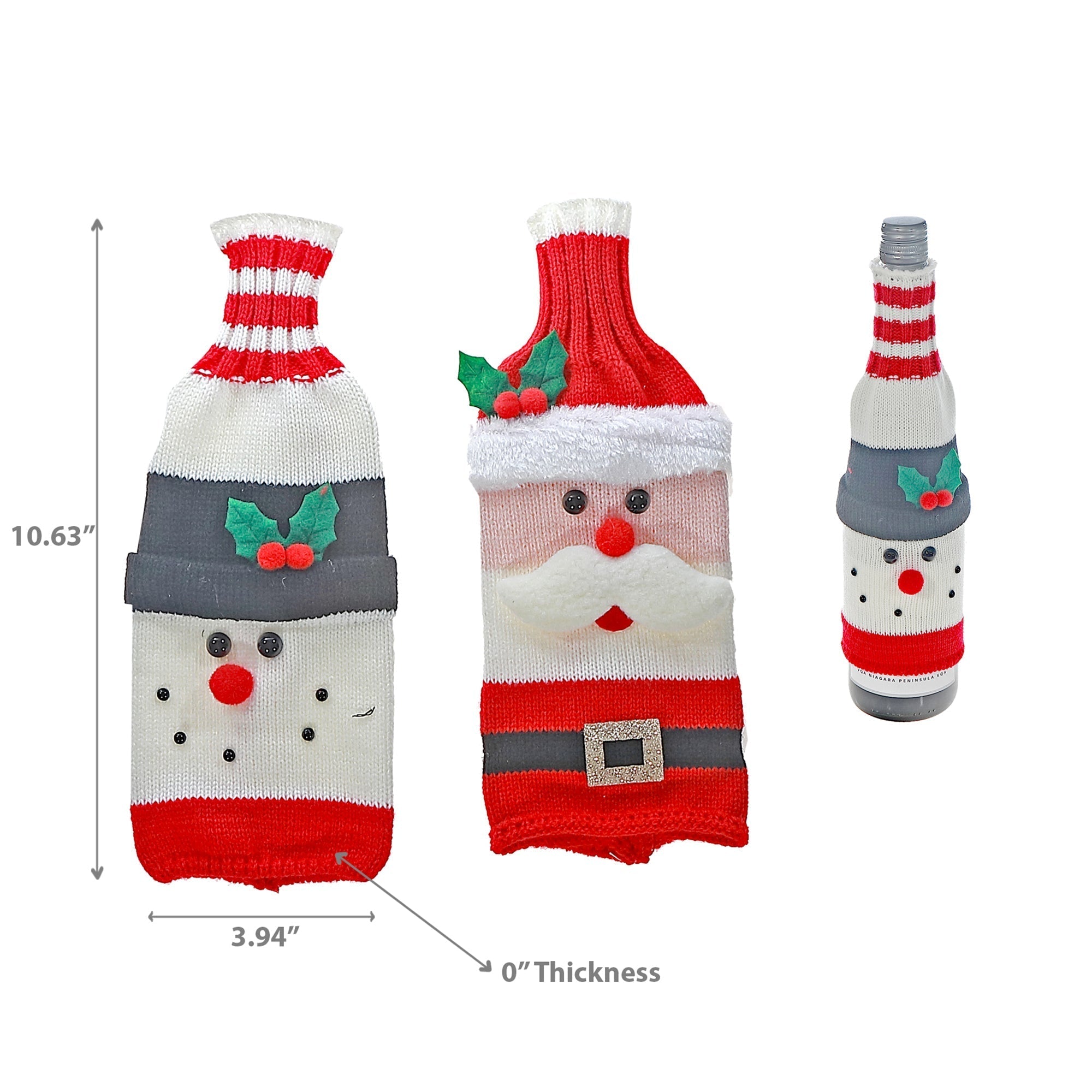 Knitted Fabric Wine Bottle Cover Set of 2 Holiday Figures – Christmas Wine Gift, Holiday Party Decor, Festive Table Accent