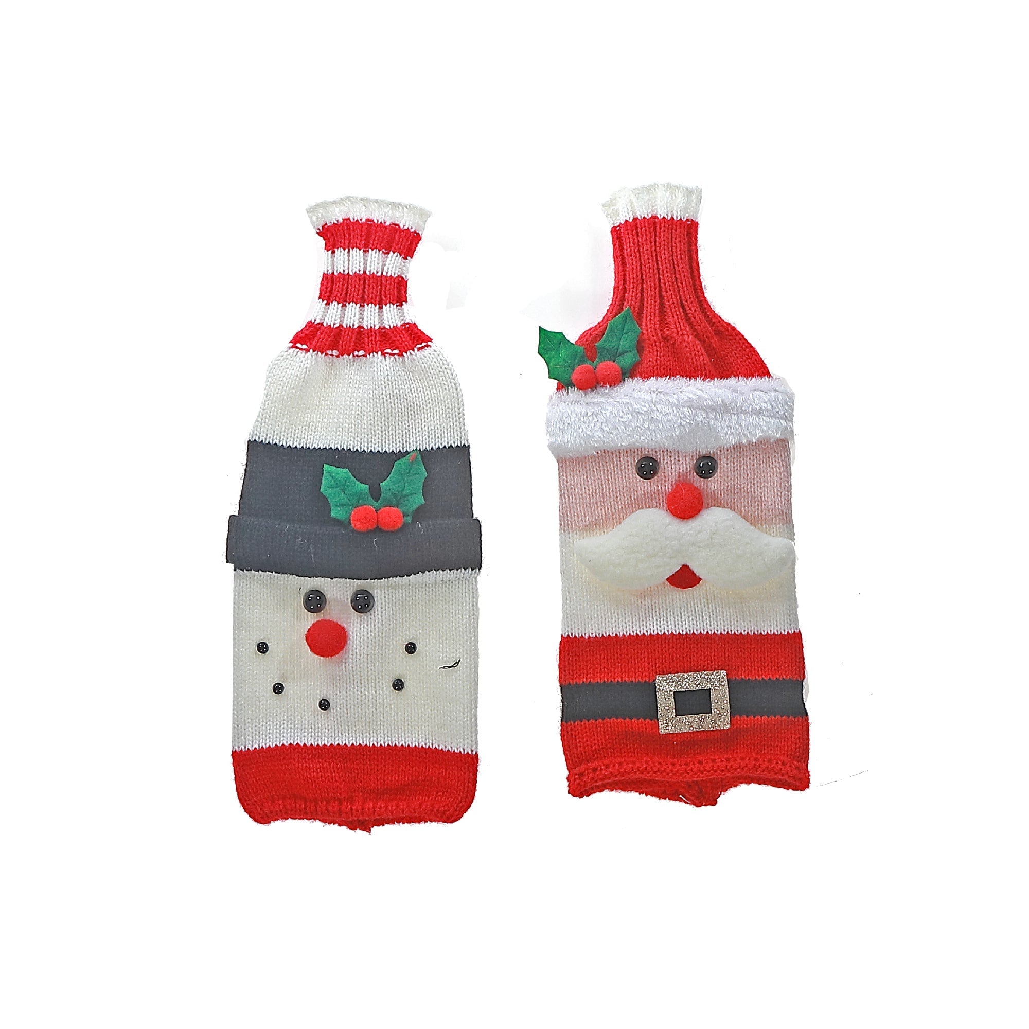 Knitted Fabric Wine Bottle Cover Set of 2 Holiday Figures – Christmas Wine Gift, Holiday Party Decor, Festive Table Accent