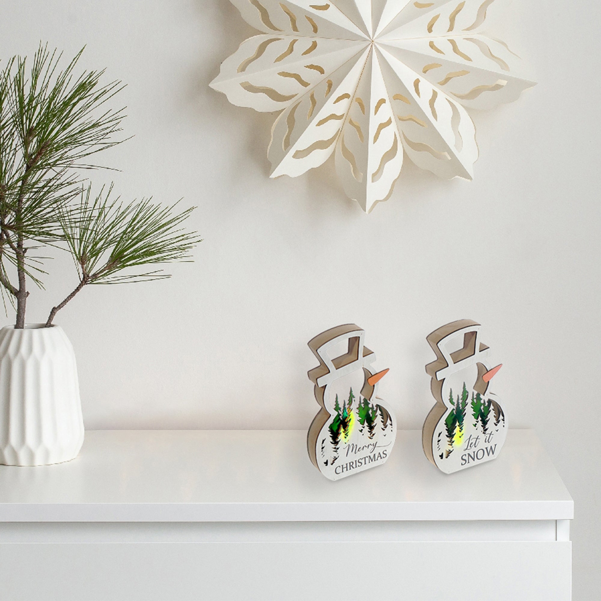 LED Wooden Stand Décor Set of 2 Snowman Cutout – Christmas Tabletop Decoration, Holiday Home Accent, Festive Winter Decor