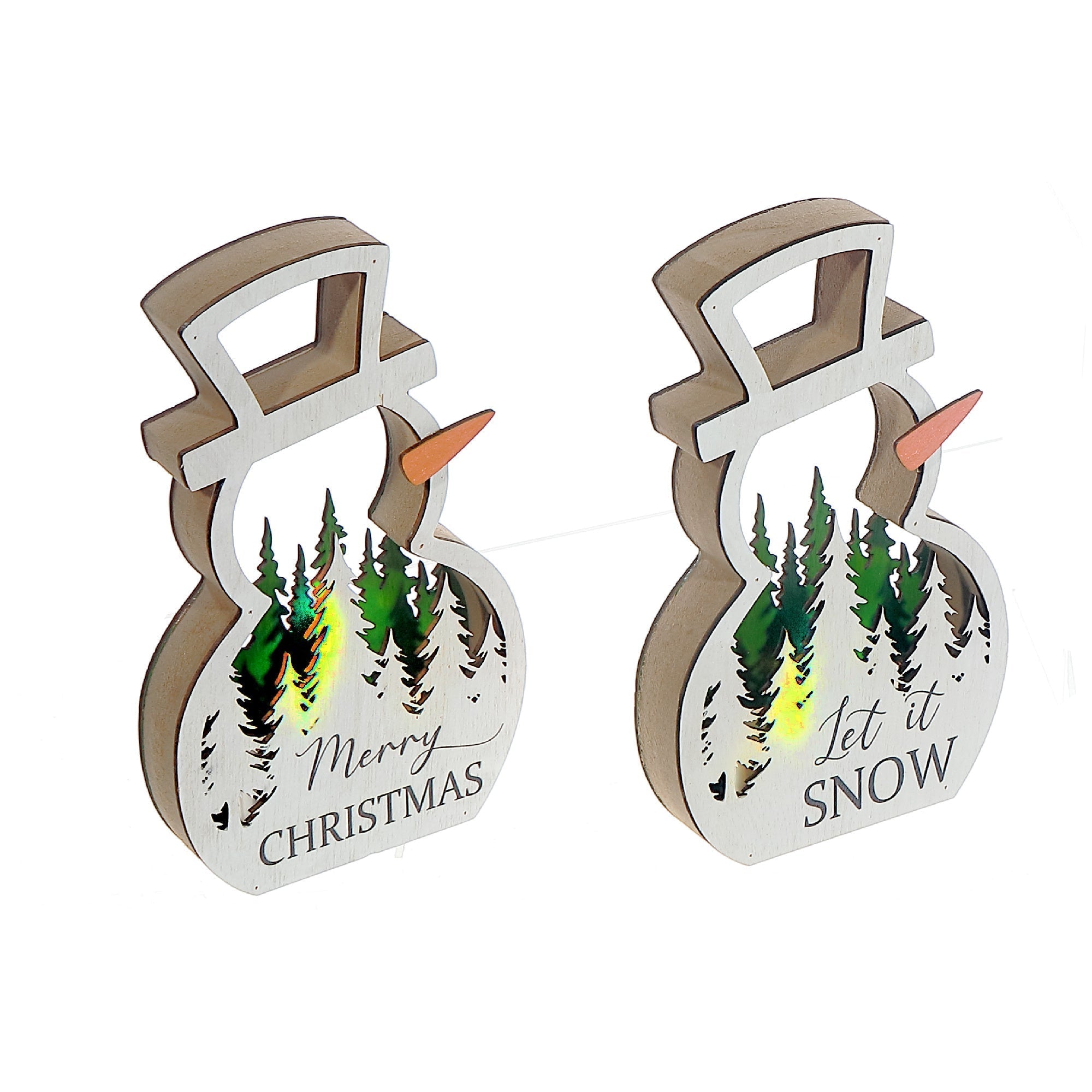 LED Wooden Stand Décor Set of 2 Snowman Cutout – Christmas Tabletop Decoration, Holiday Home Accent, Festive Winter Decor
