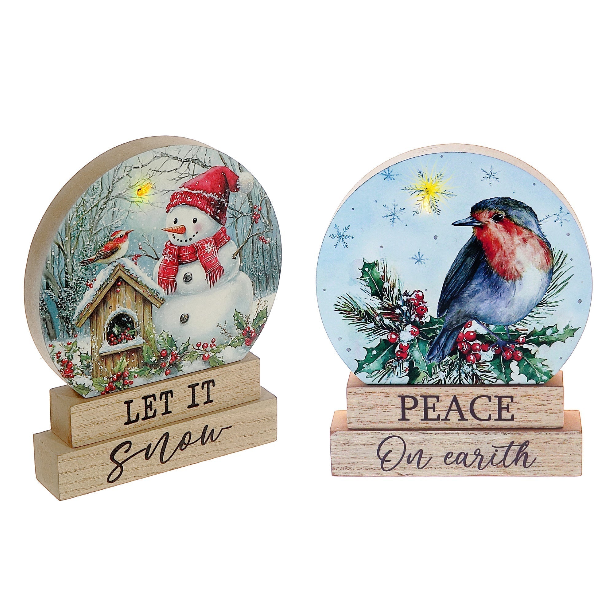 LED Wooden Stand Décor Set of 2 Chickadee with Snowman – Christmas Tabletop Decoration, Holiday Home Accent, Festive Winter Decor