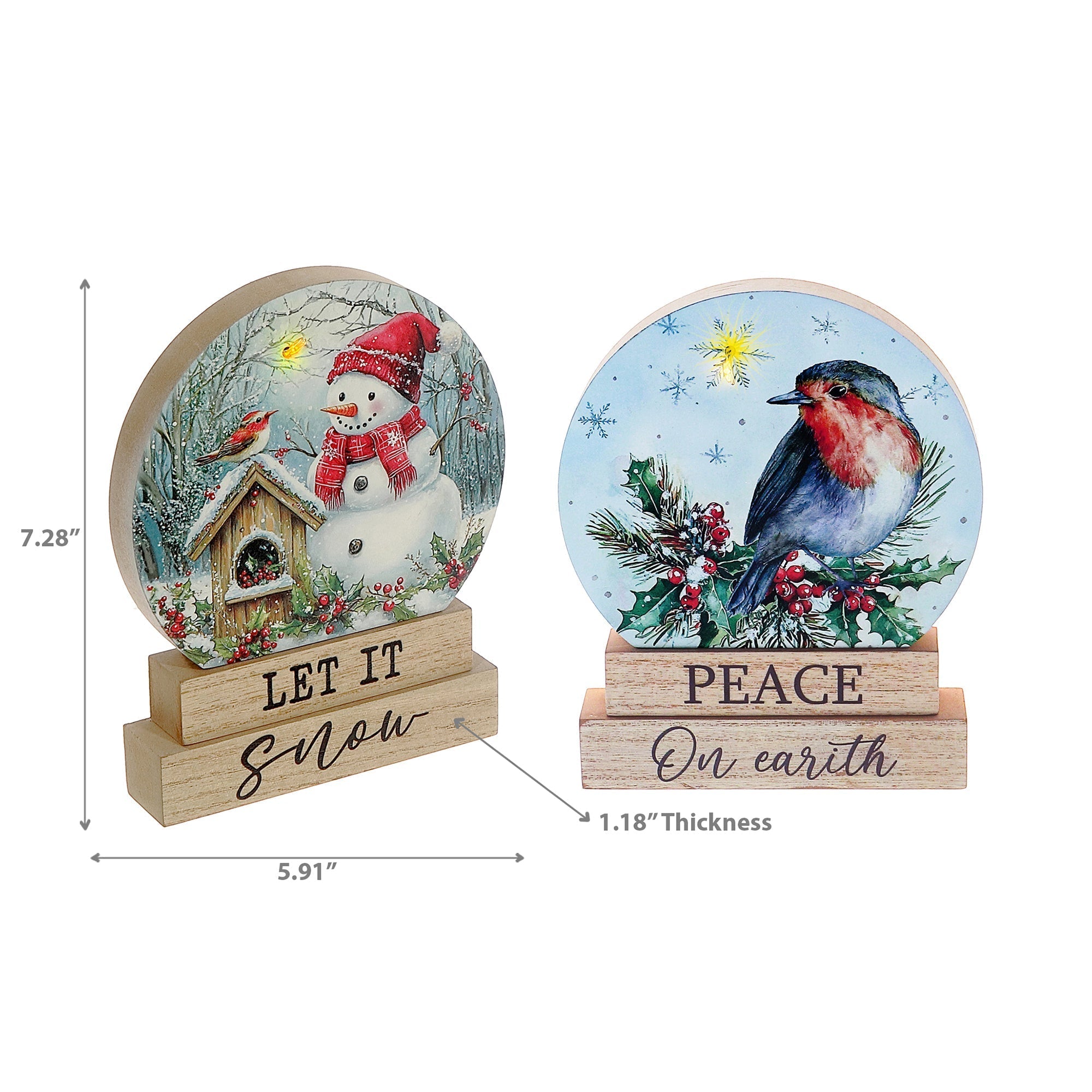 LED Wooden Stand Décor Set of 2 Chickadee with Snowman – Christmas Tabletop Decoration, Holiday Home Accent, Festive Winter Decor