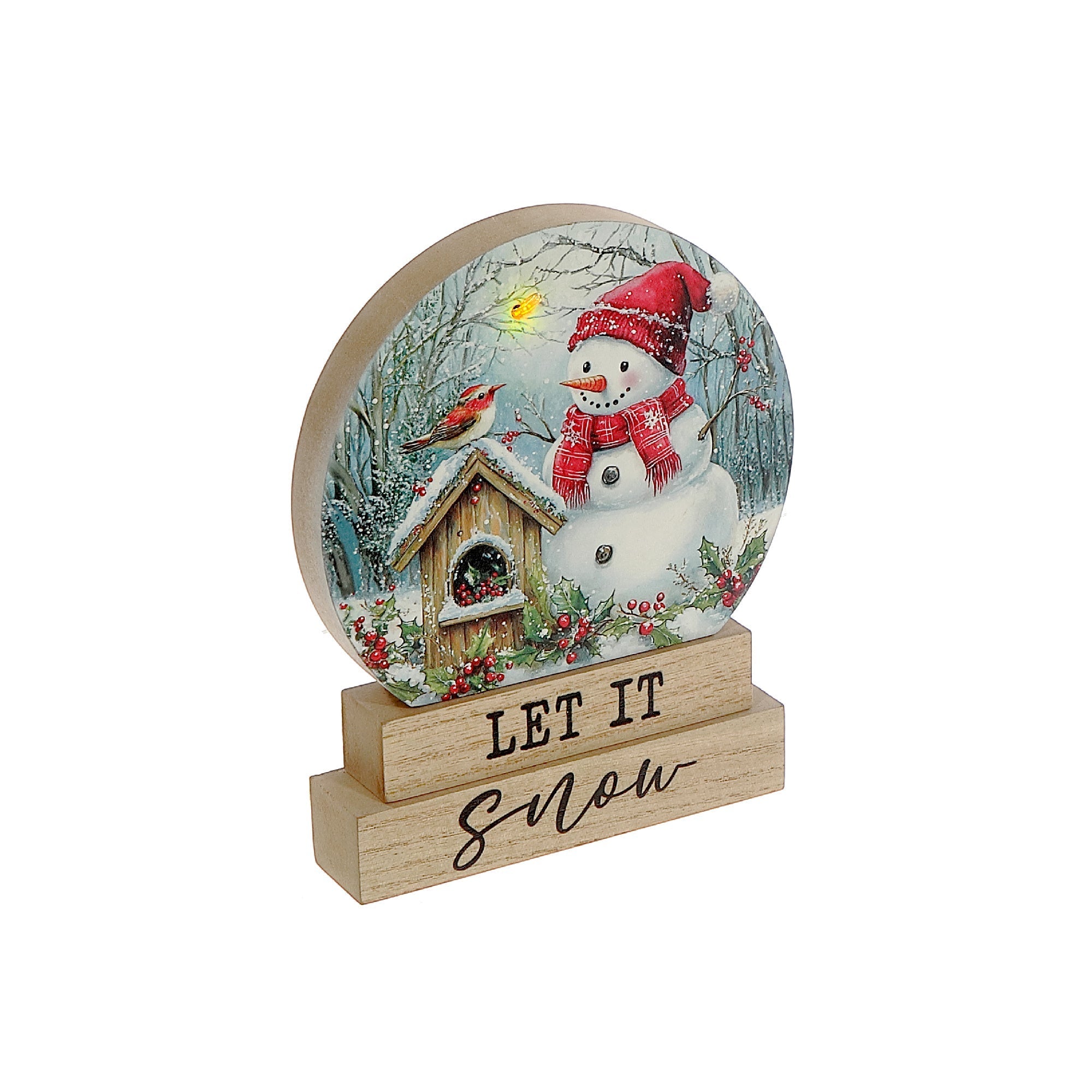 LED Wooden Stand Décor Set of 2 Chickadee with Snowman – Christmas Tabletop Decoration, Holiday Home Accent, Festive Winter Decor
