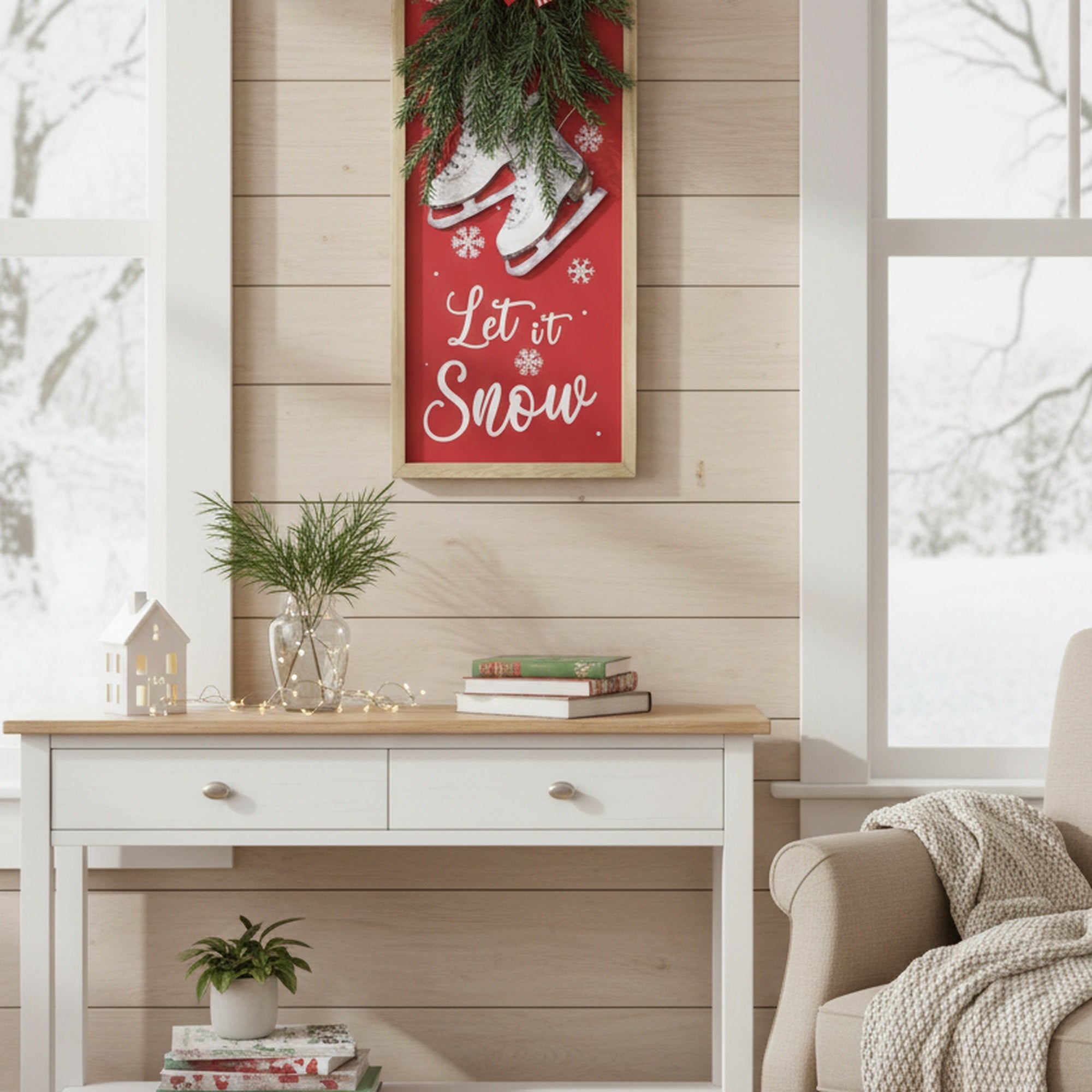MDF Arch Framed Wall Art Let It Snow Skates and Pine, Wall Decor, Holiday Decor