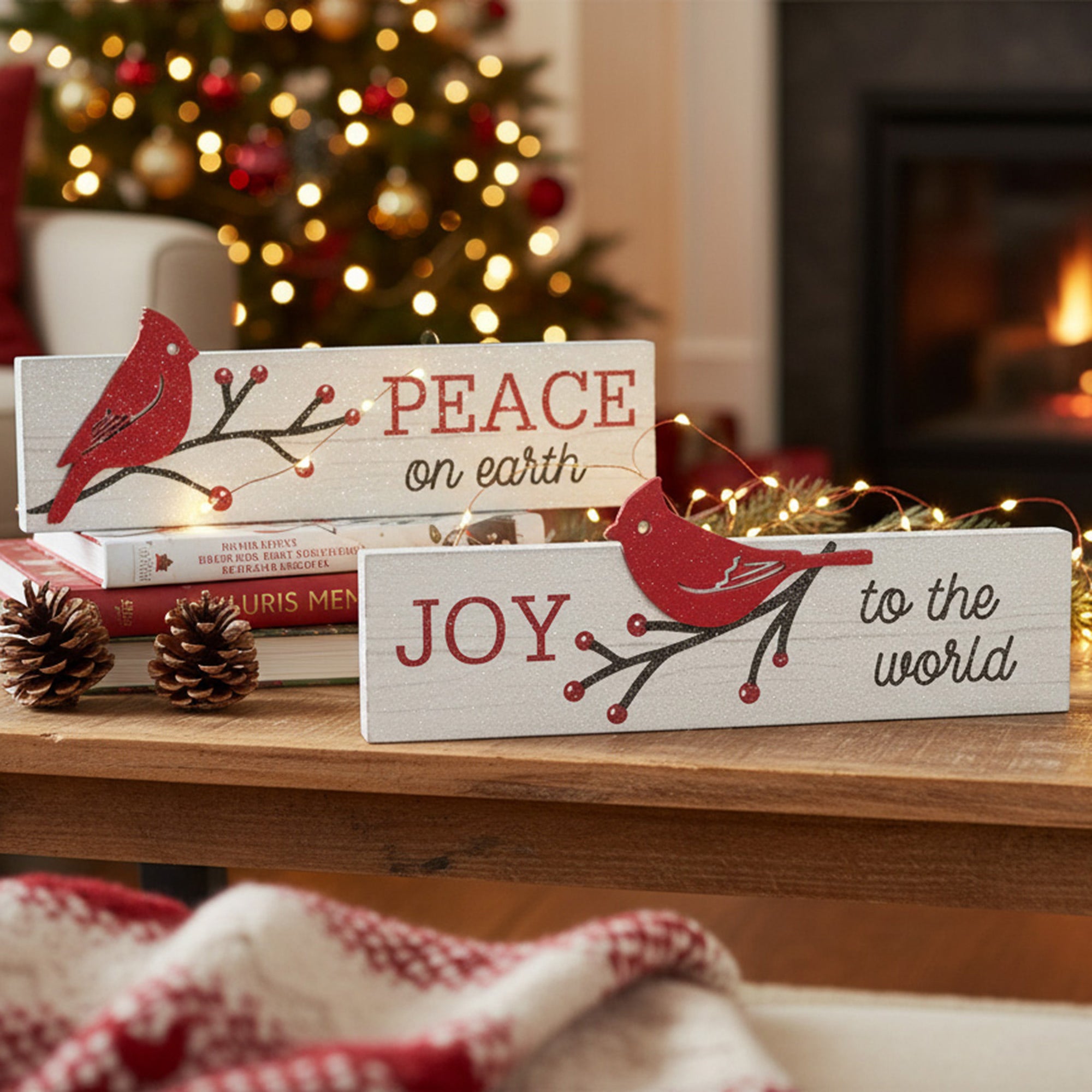 Rectangular Wood Block Peace & Joy Cardinal Assorted, Christmas, Tabletop Block, Holiday Decor- Set of 2