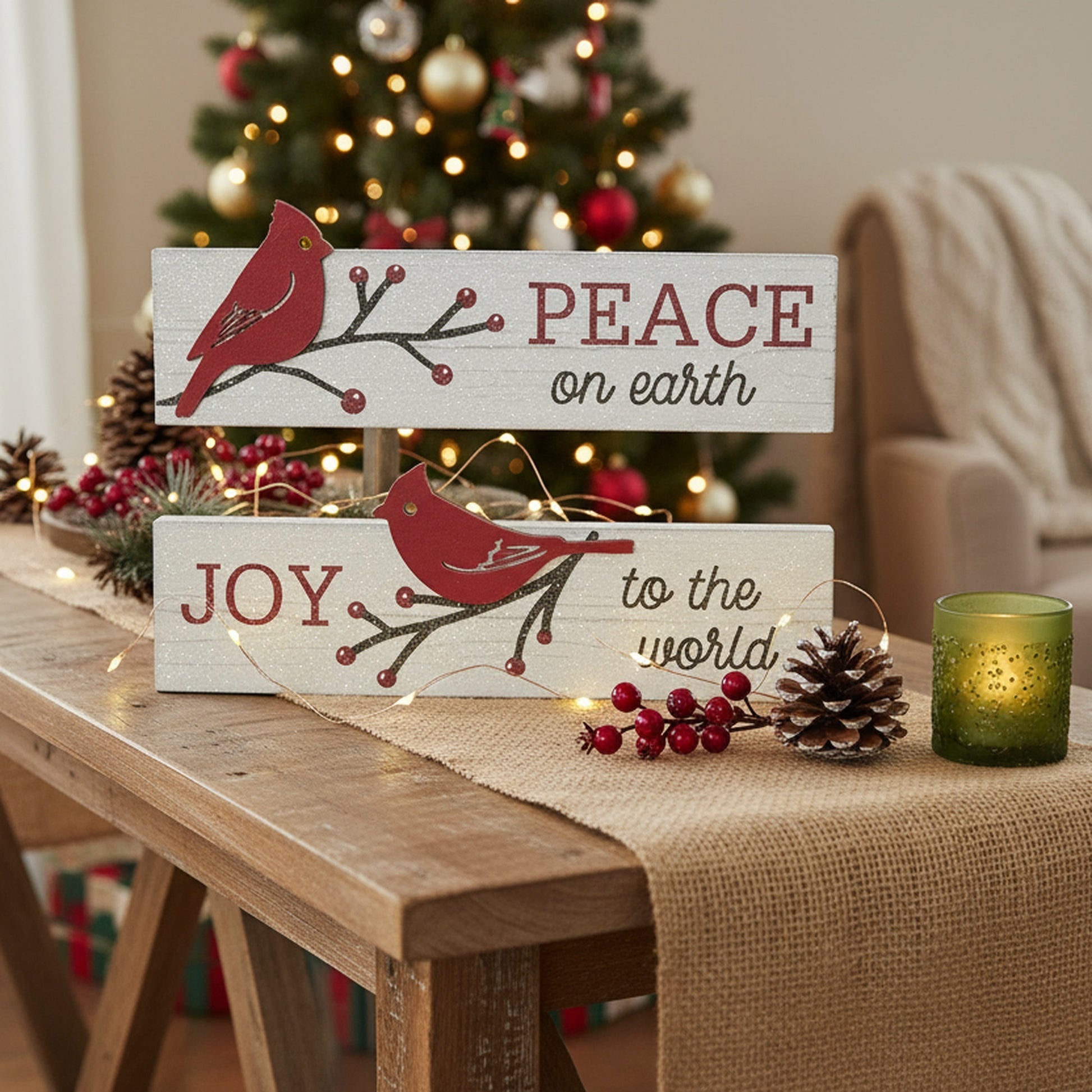 Rectangular Wood Block Peace & Joy Cardinal Assorted, Christmas, Tabletop Block, Holiday Decor- Set of 2