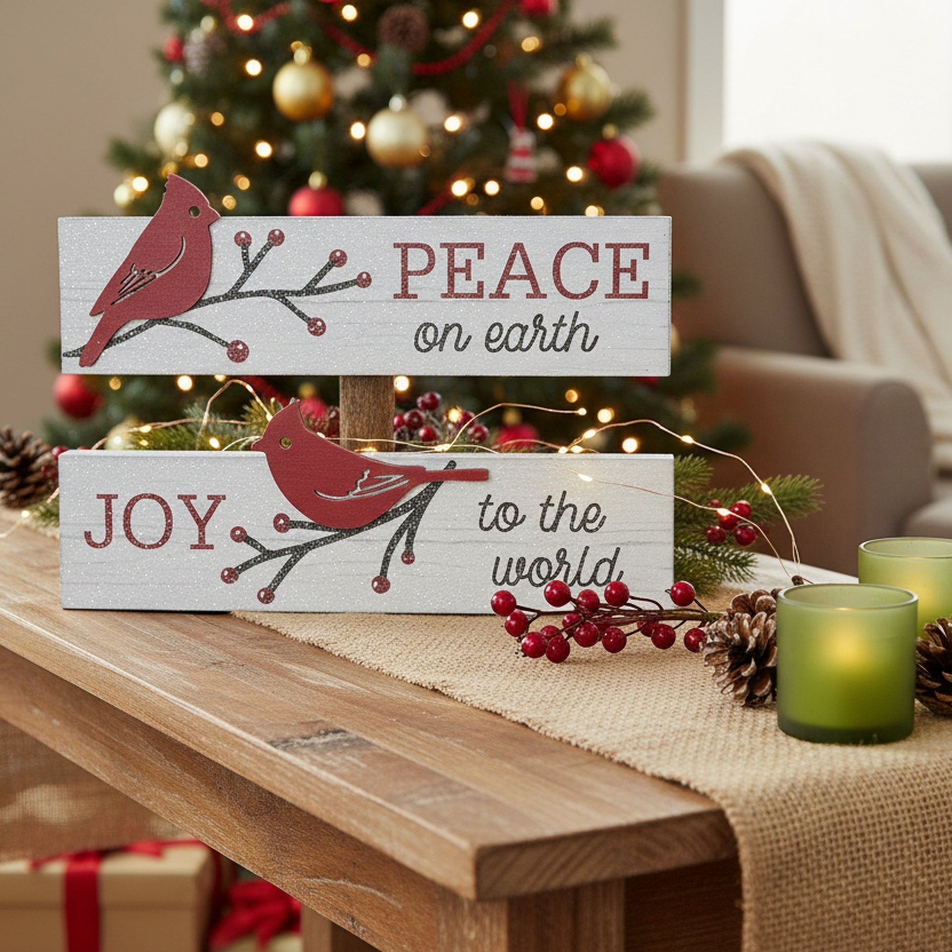 Rectangular Wood Block Peace & Joy Cardinal Assorted, Christmas, Tabletop Block, Holiday Decor- Set of 2
