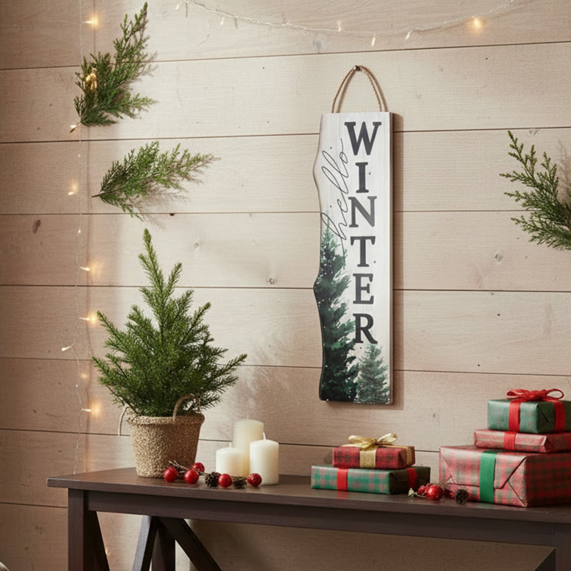 LED MDF Wall Hanger Hello Winter, Winter, Wall Decor, Holiday Decor