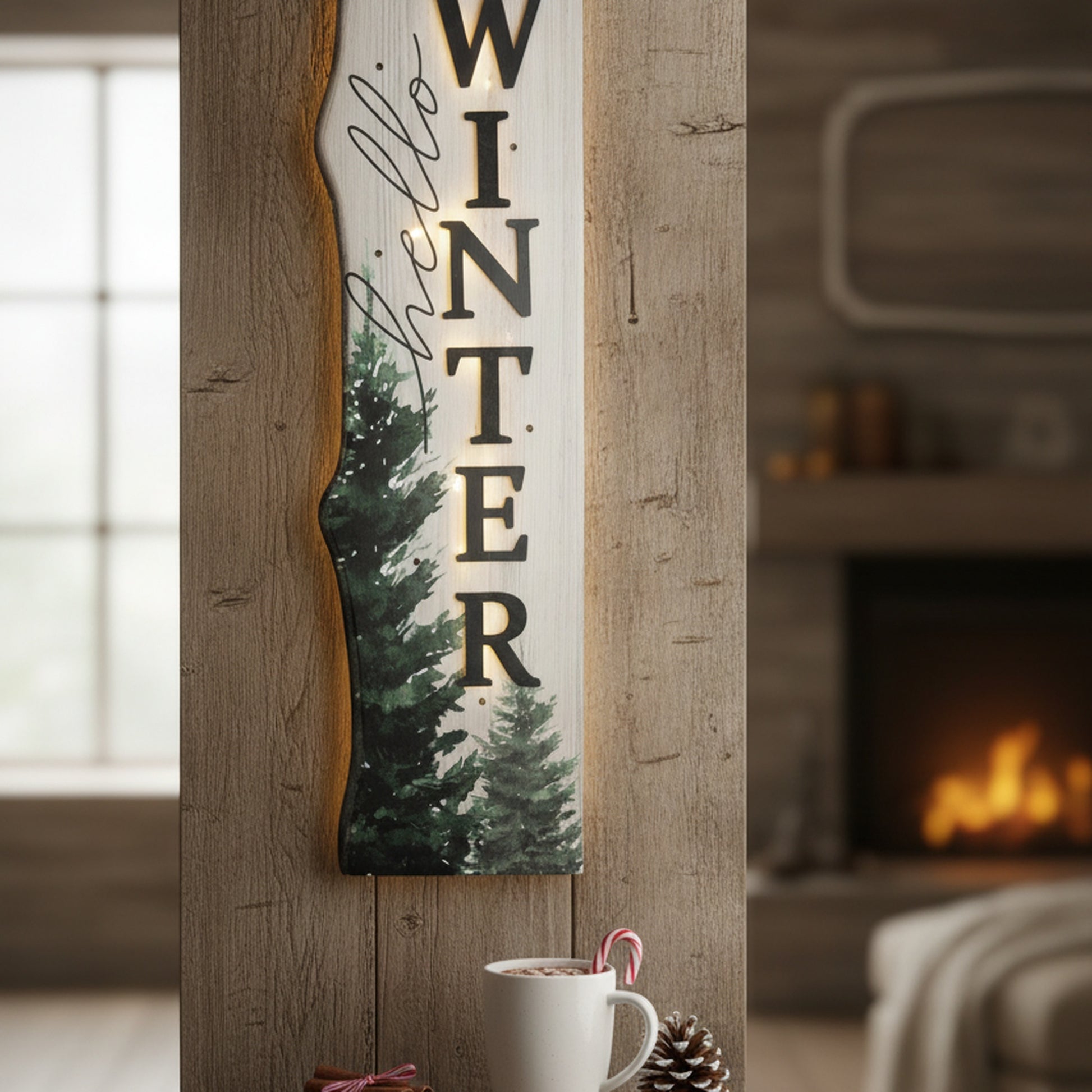 LED MDF Wall Hanger Hello Winter, Winter, Wall Decor, Holiday Decor