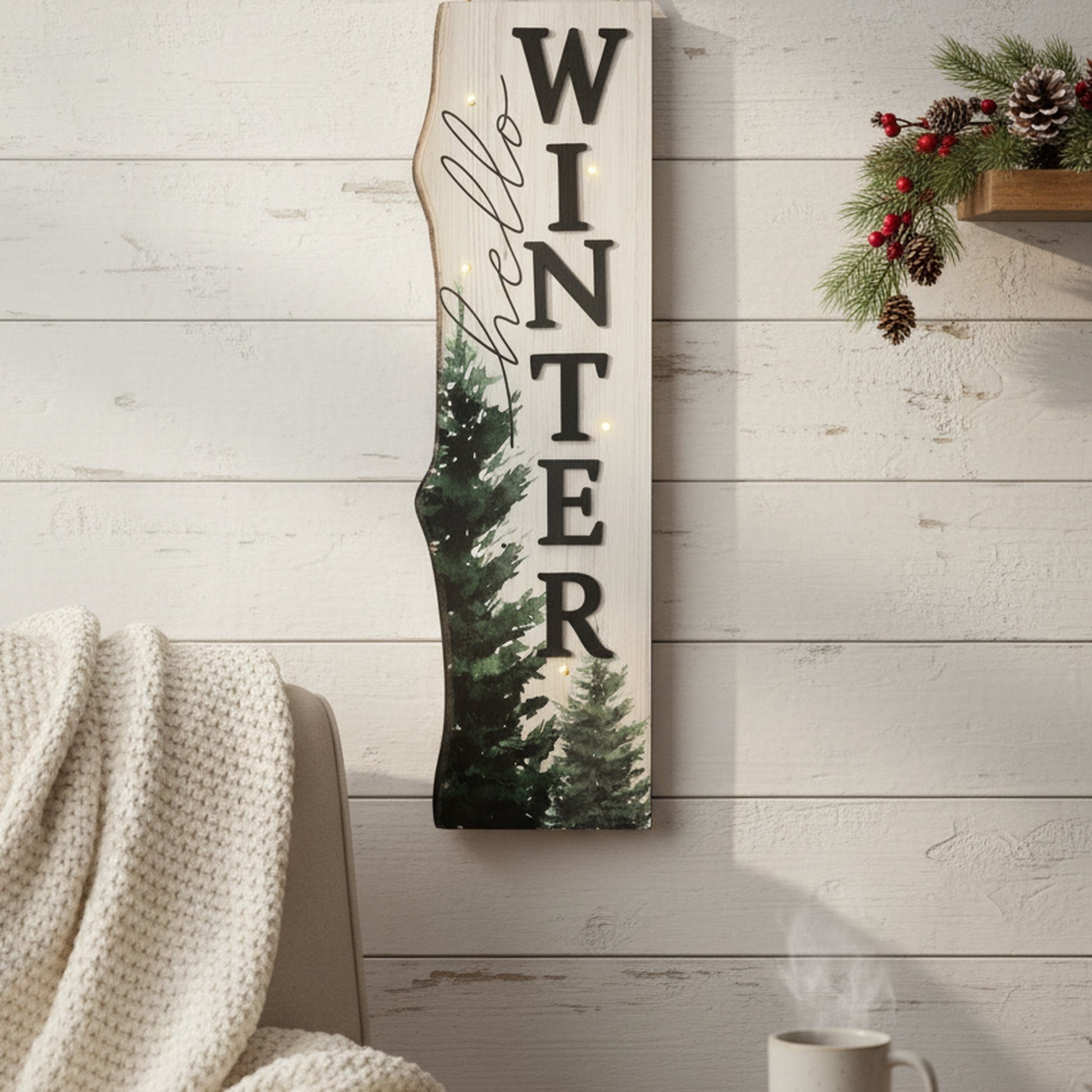 LED MDF Wall Hanger Hello Winter, Winter, Wall Decor, Holiday Decor