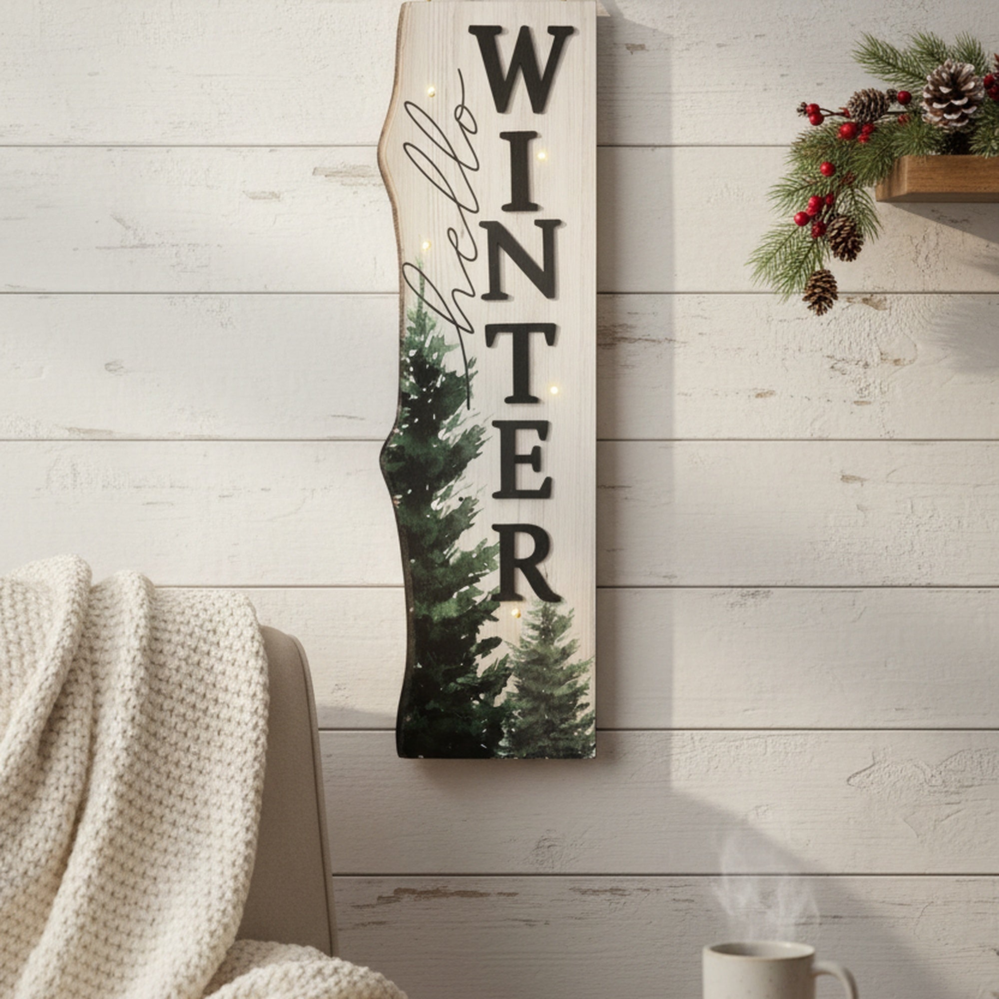 LED MDF Wall Hanger Hello Winter, Winter, Wall Decor, Holiday Decor
